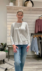 Long Sleeve Crew Neck Top with White Contrast- stone