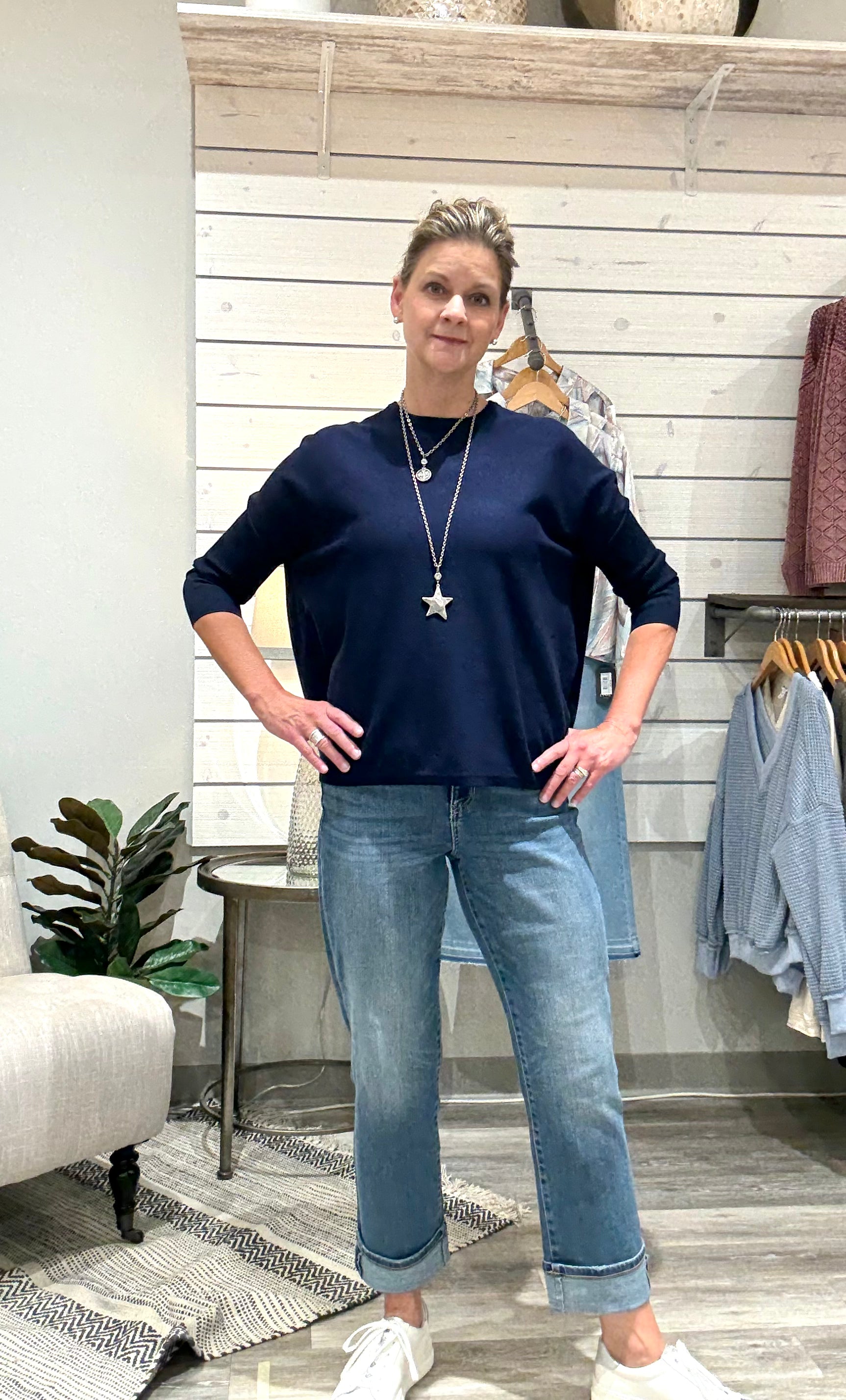 Oversized Crew Neck Pullover Sweater with Rib Sleeves- navy