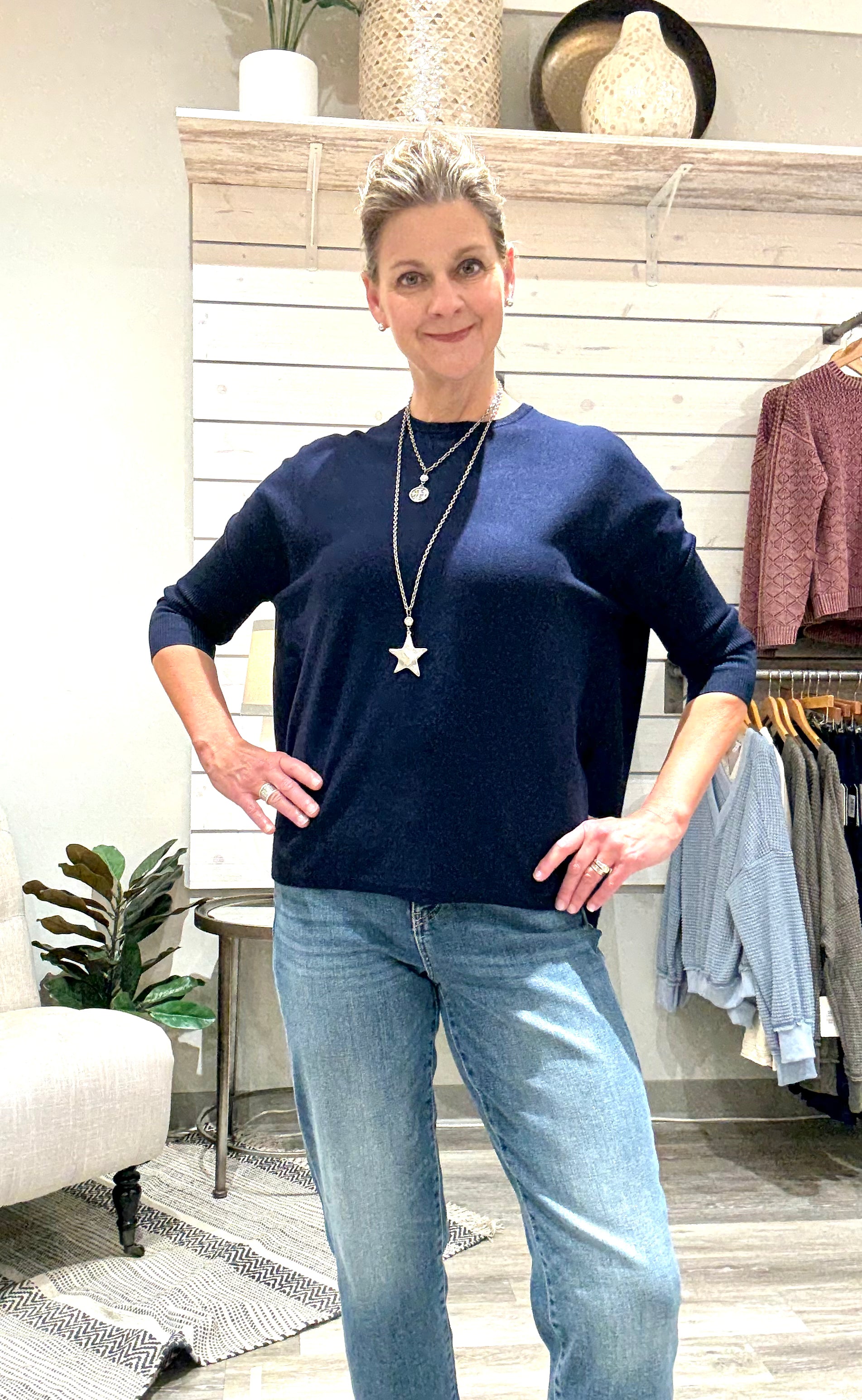 Oversized Crew Neck Pullover Sweater with Rib Sleeves- navy