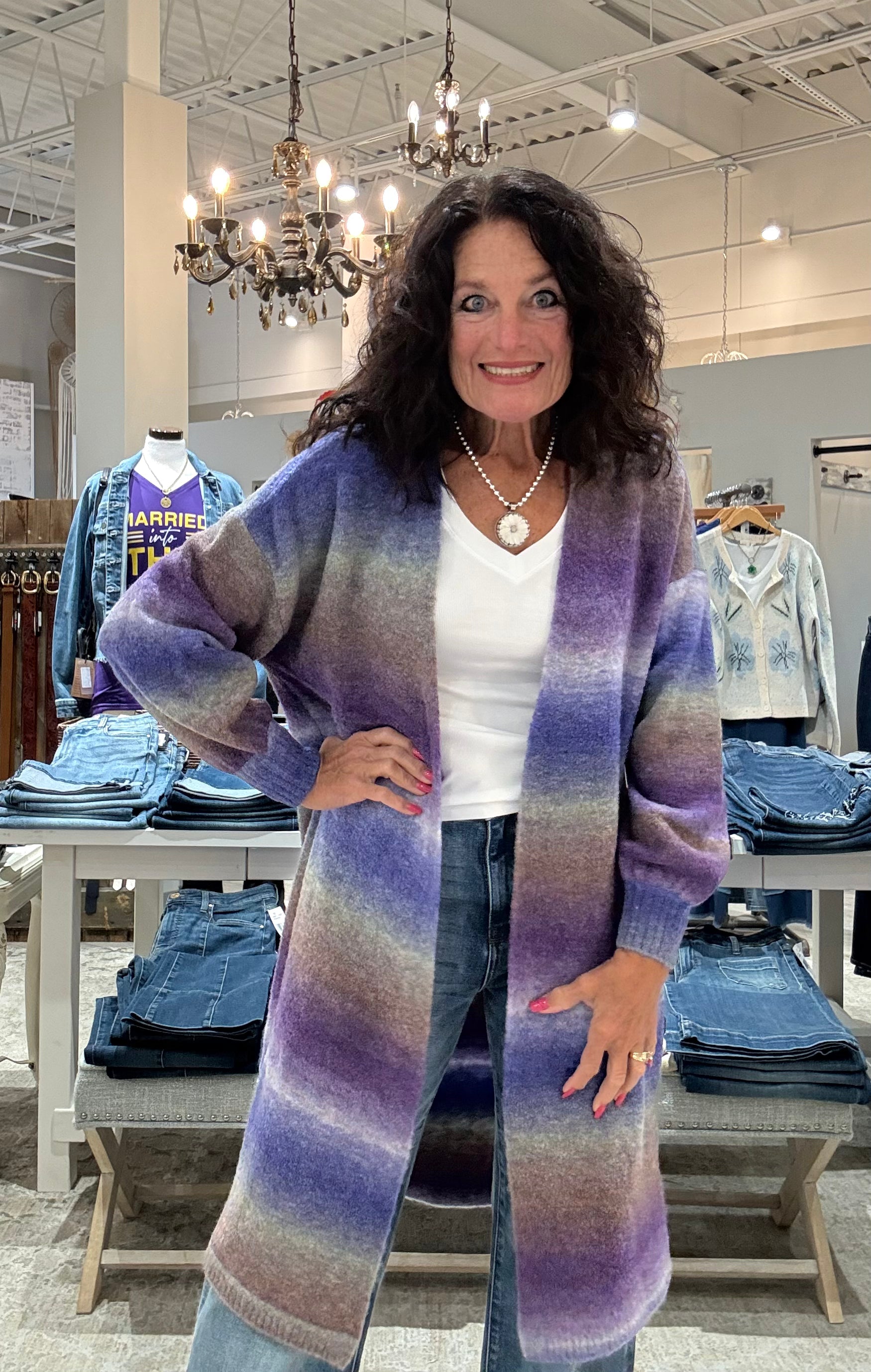 Long Sweater Cardigan with Puff Sleeve- blue violet