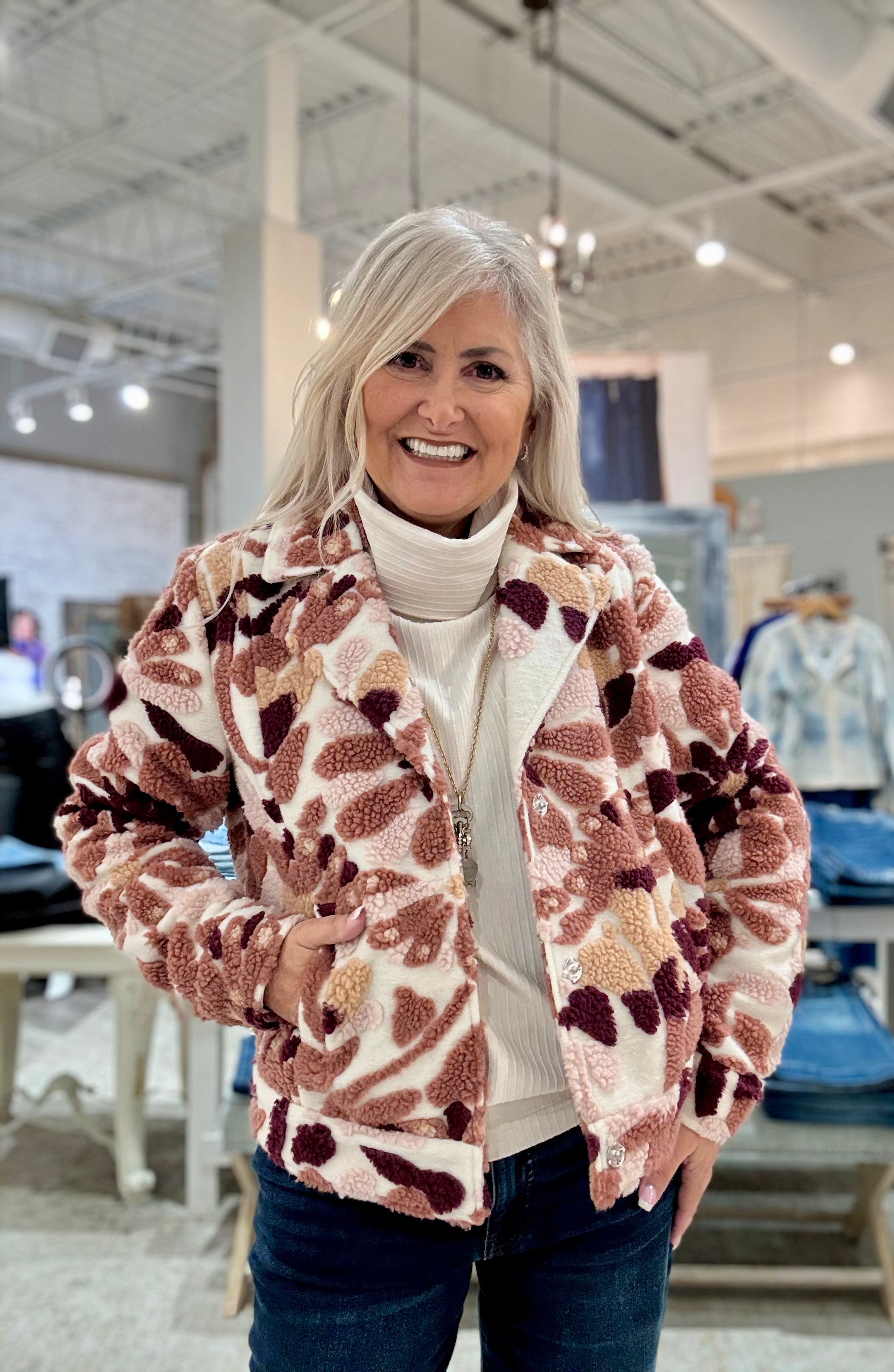 Sherpa Flocked Fleece Short Jacket with Hidden Snaps and Welt Pockets