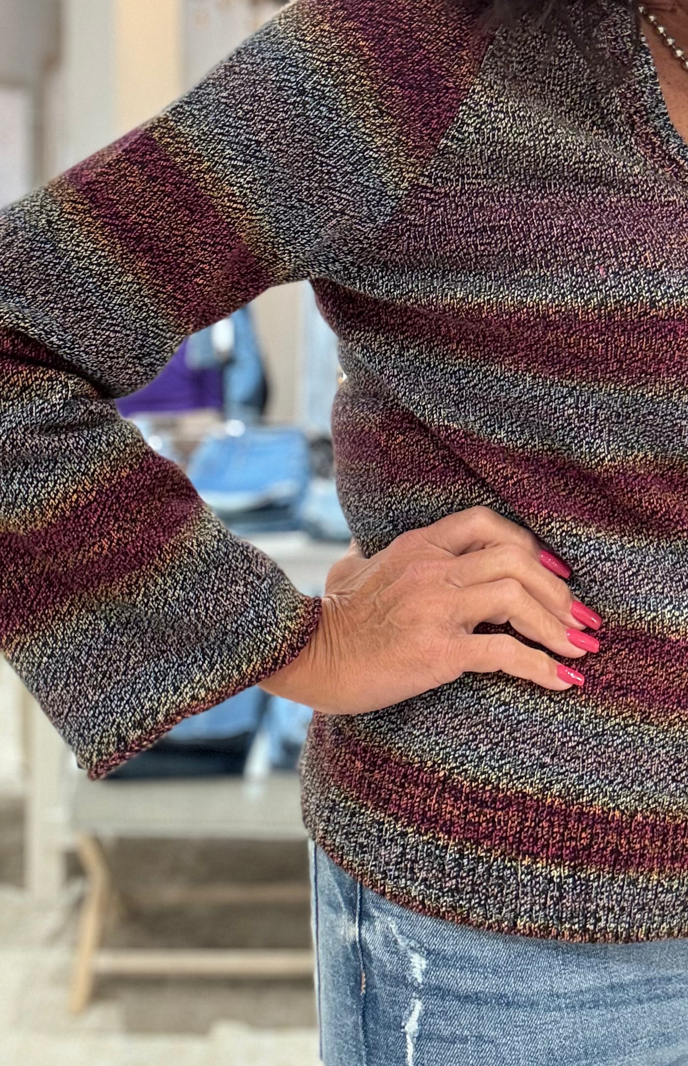 Long Sleeve V-Neck Sweater- wine