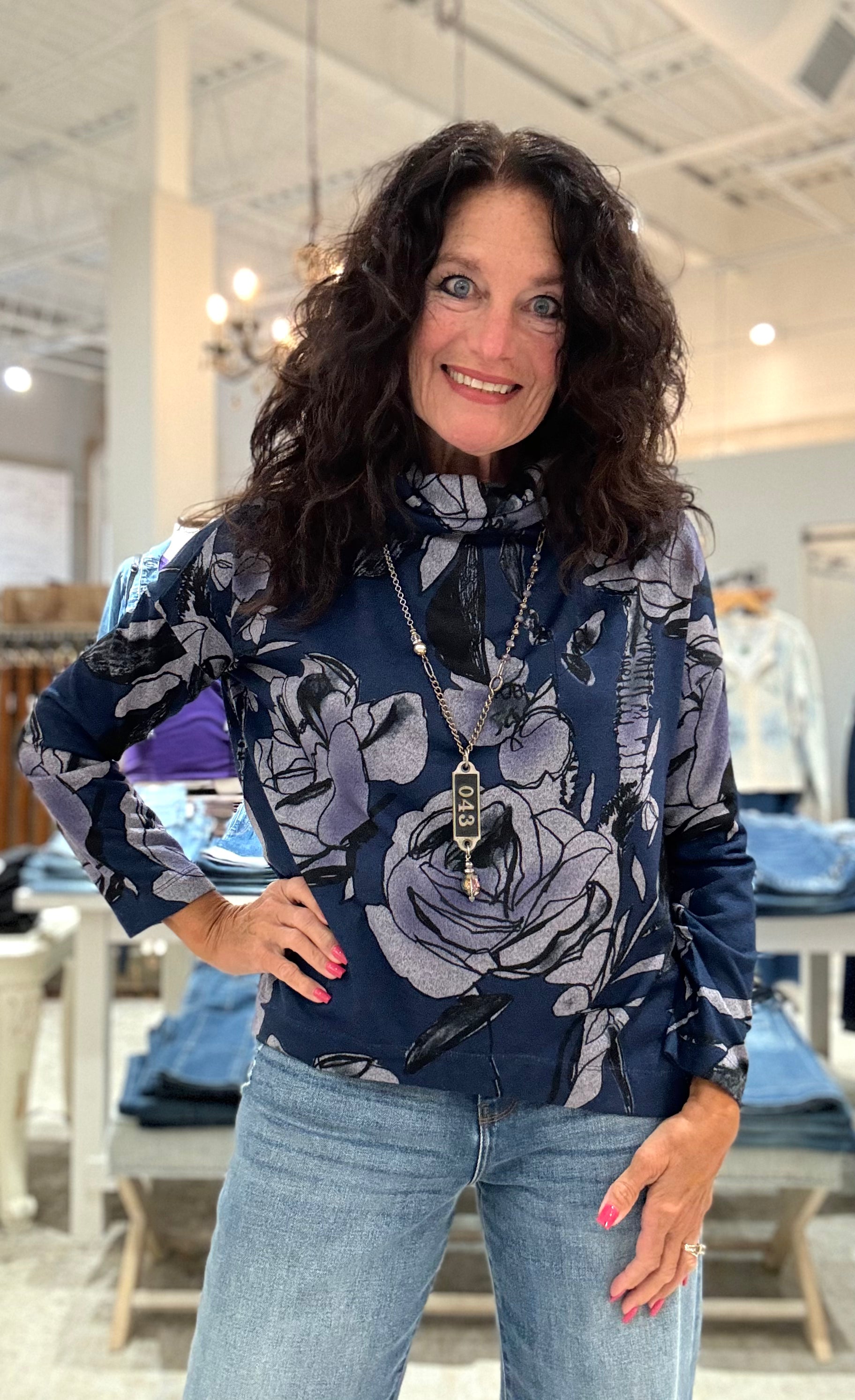 Rose Sketch Soft Turtle Neck Sweater with Tipped Hem