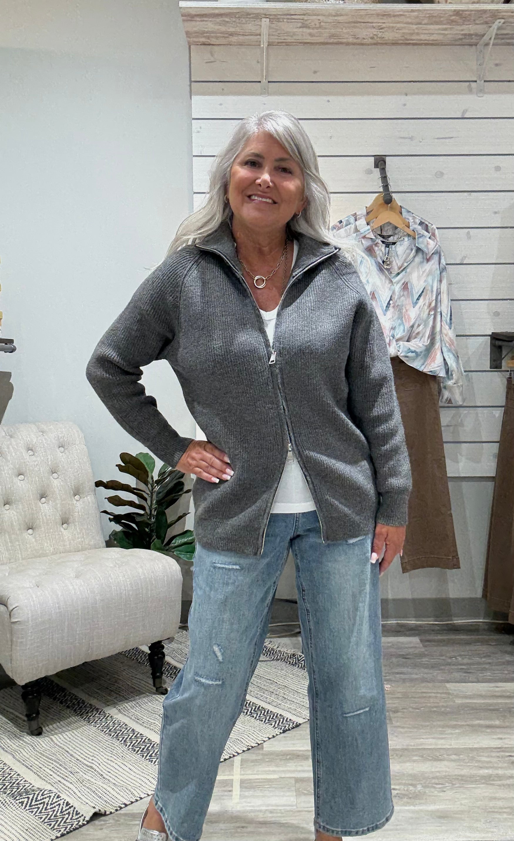 Knit Double Zip Sweater- Grey