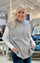 Pullover Knit Hi-Lo Turtleneck Top- heather grey