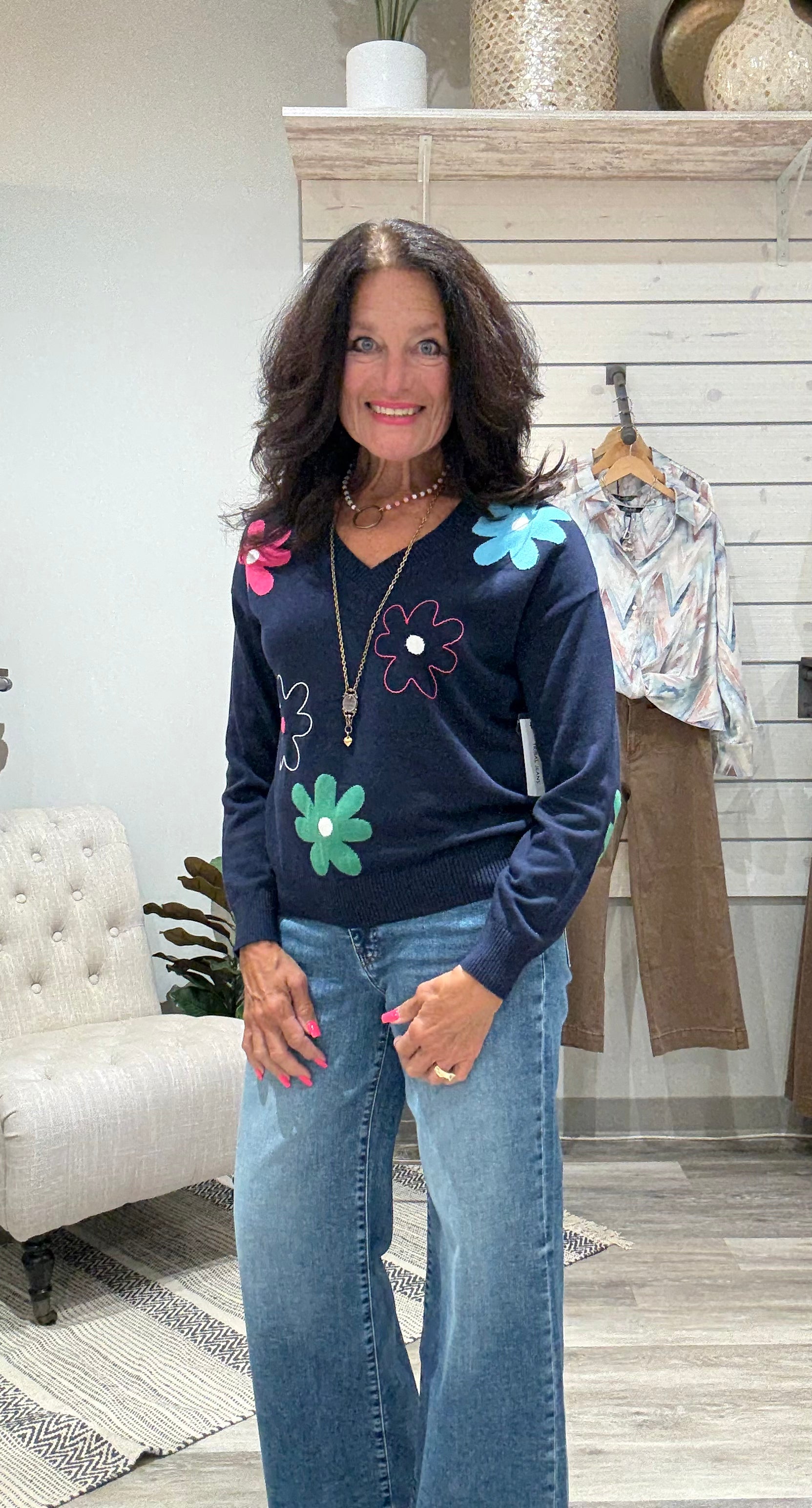 V-Neck Jacquard Embroidered Sweater