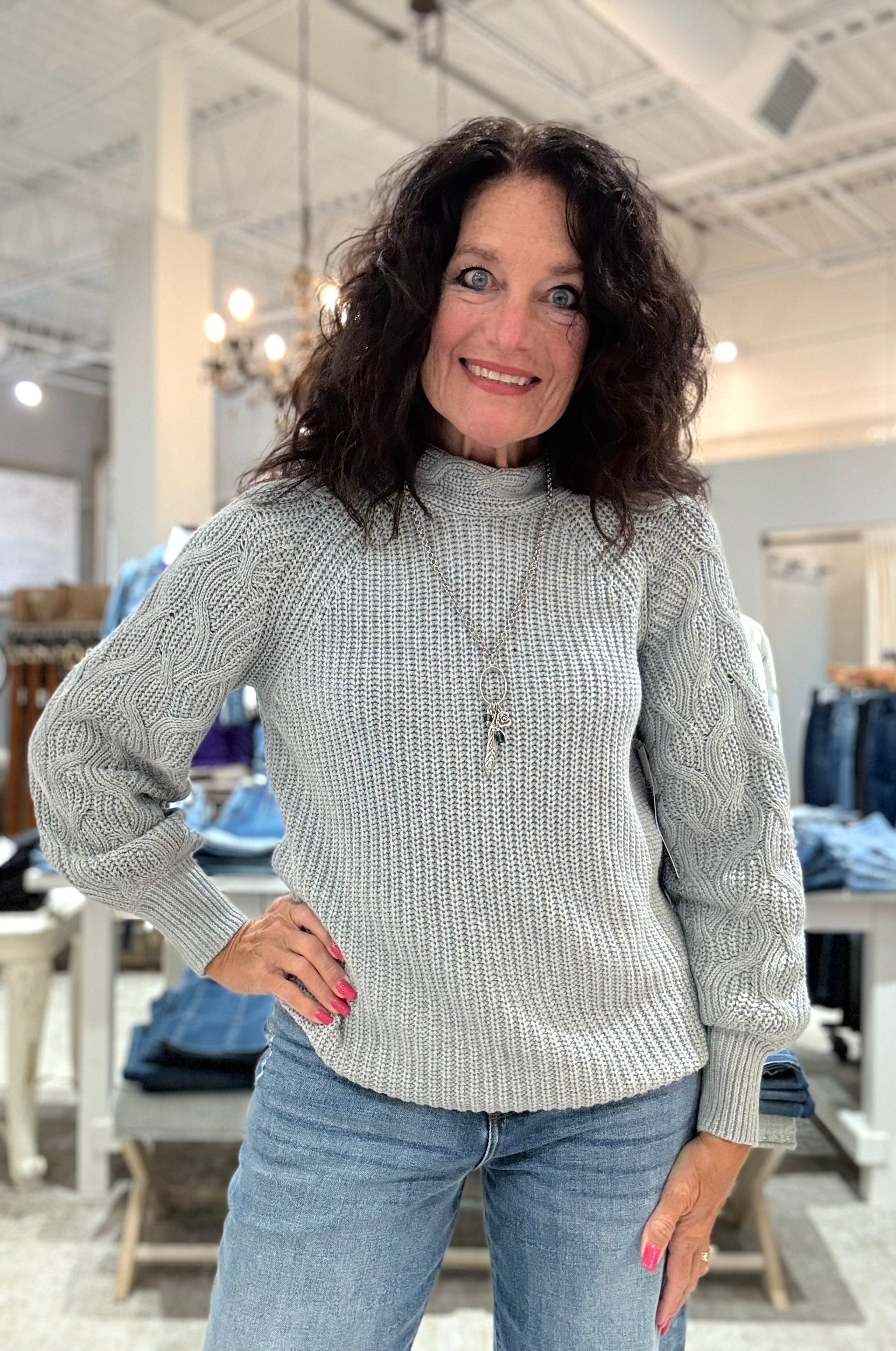 Long Sleeve Cable Mock Neck Sweater