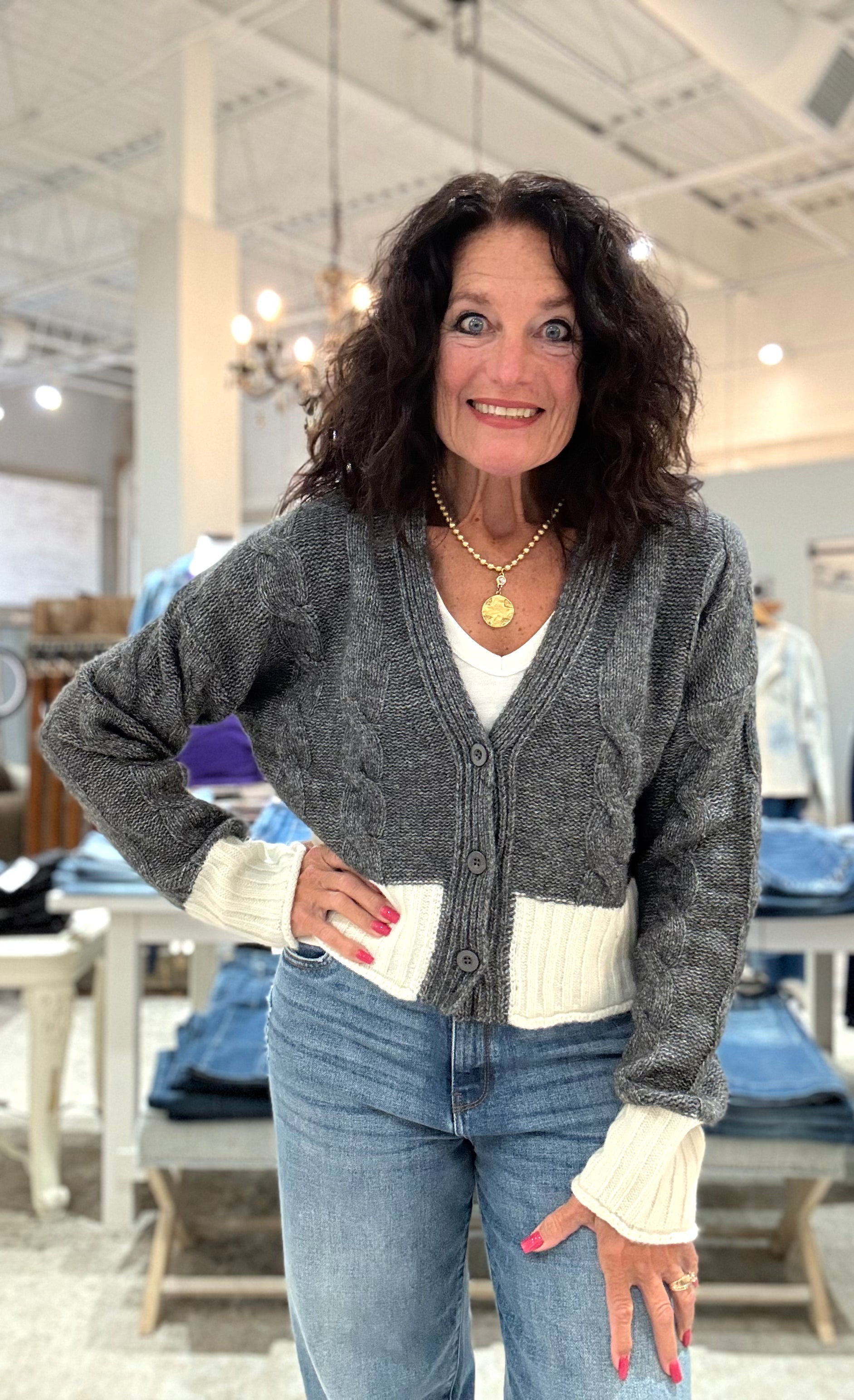 Two Tone Button Up Sweater Cardigan