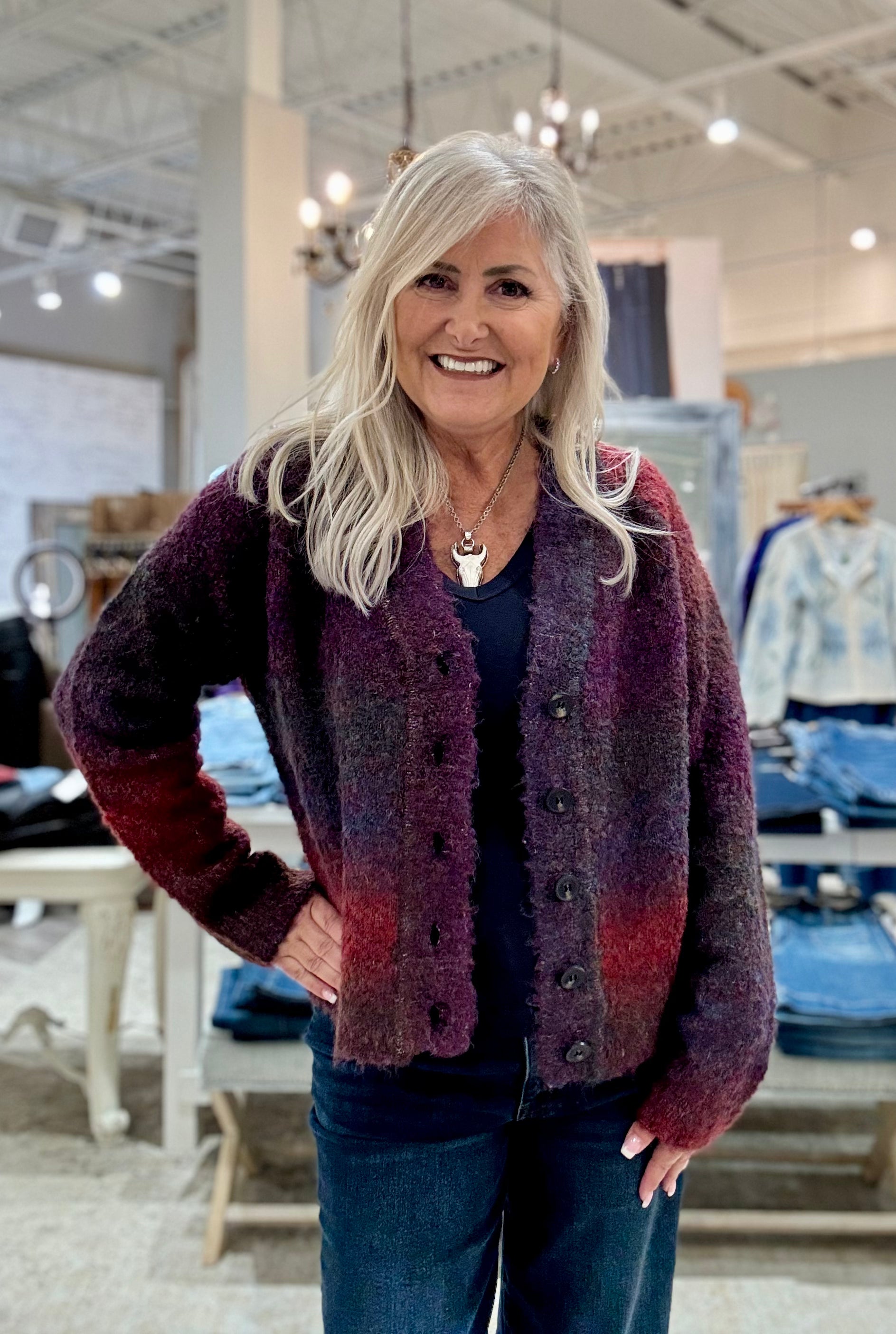 Long Sleeve Raglan Button Front Ombre Cardigan