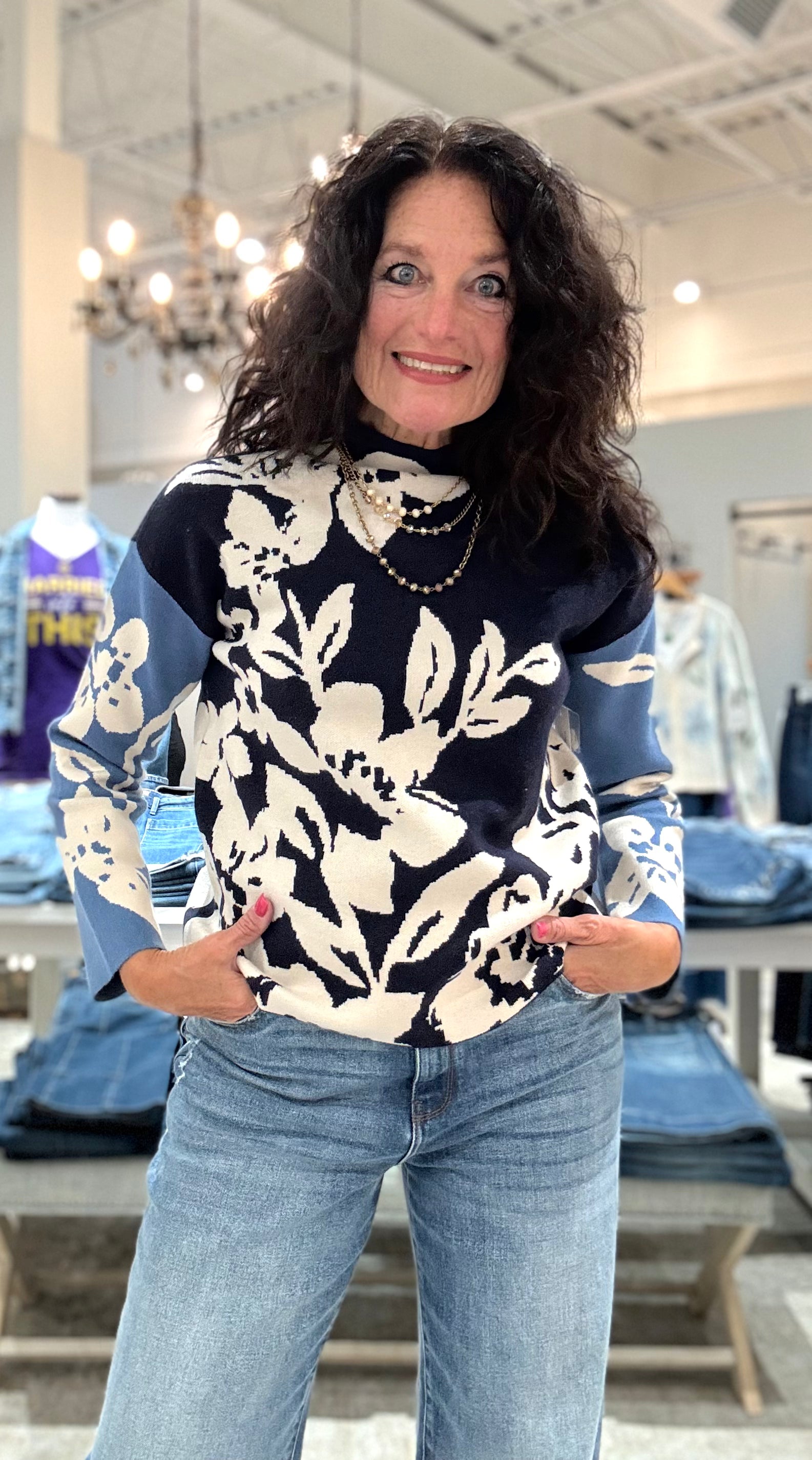 Long Sleeve Funnel Neck Printed Sweater