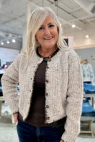 Speckled Yarn Contrast Edge Stitched Down Button Cardigan