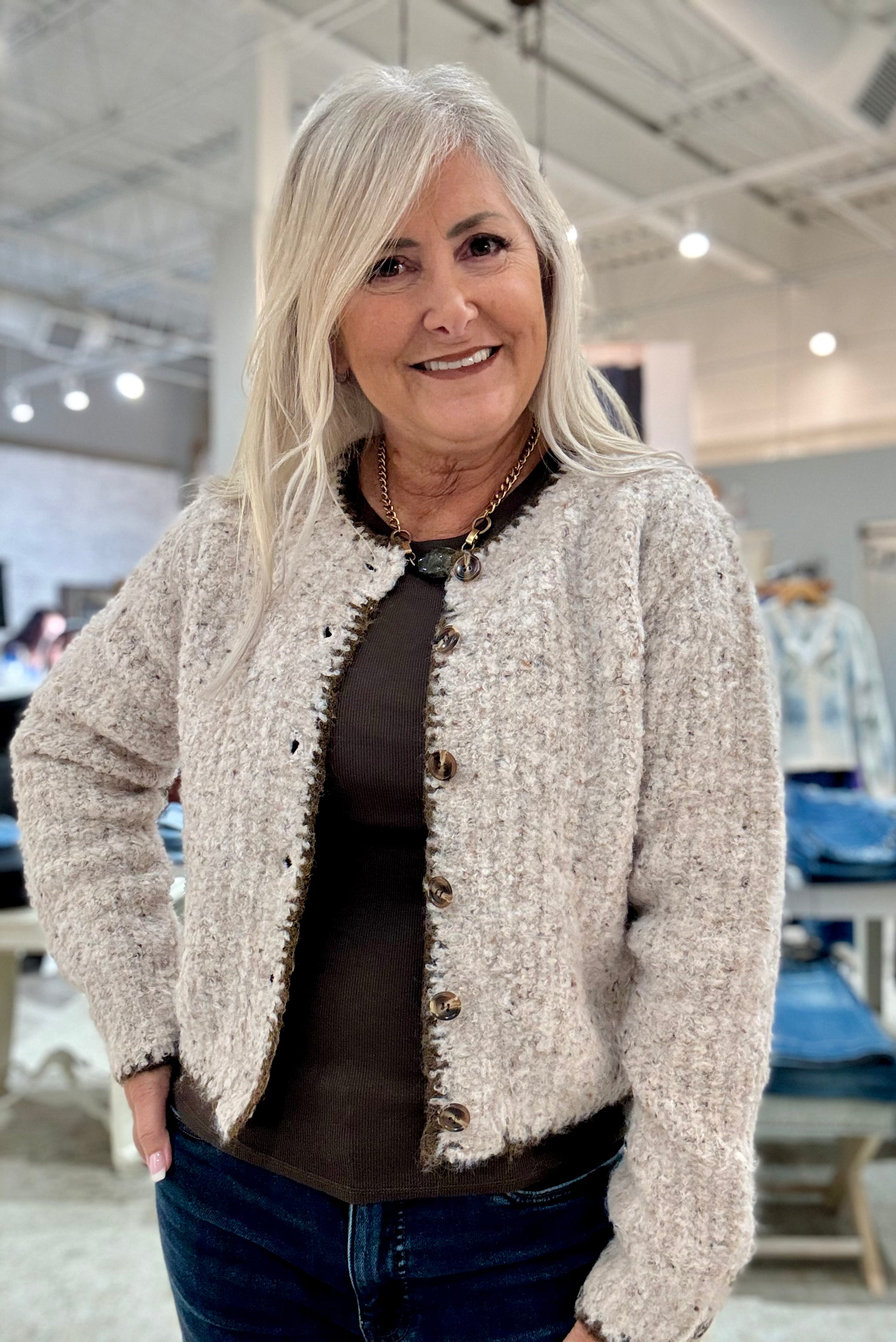 Speckled Yarn Contrast Edge Stitched Down Button Cardigan