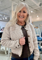 Speckled Yarn Contrast Edge Stitched Down Button Cardigan