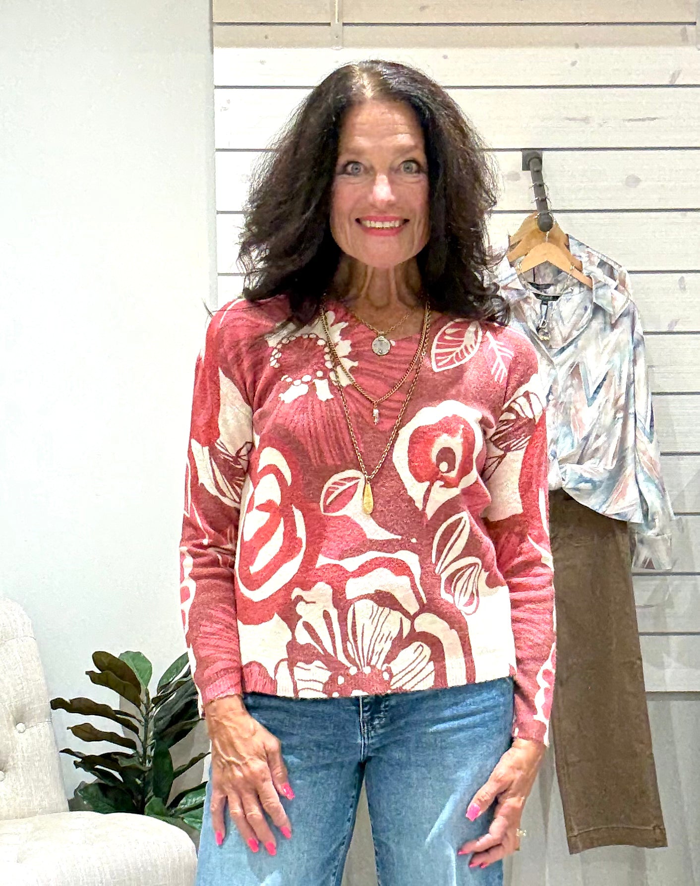 Printed Plush Knit V-Neck Sweater