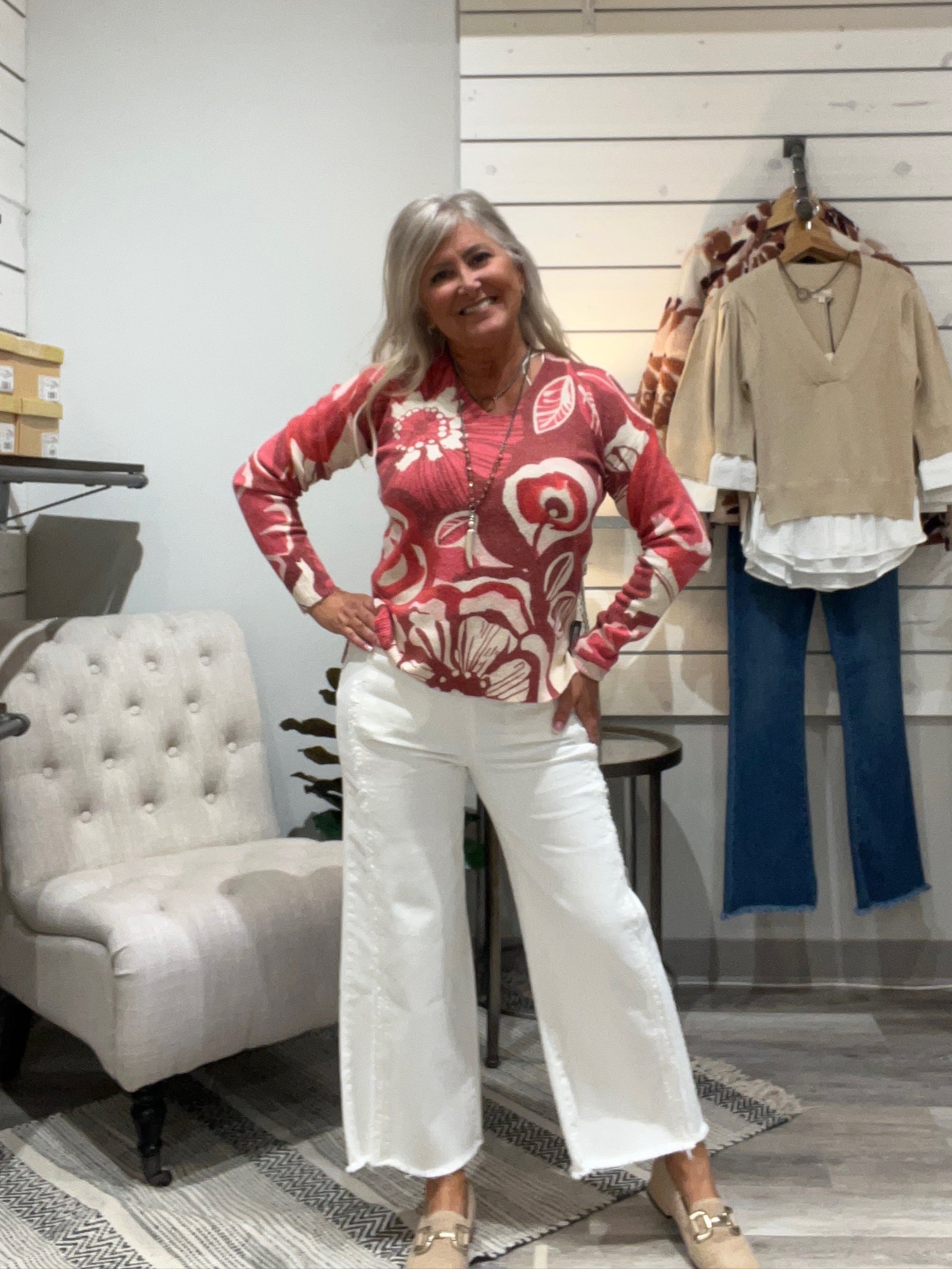 Printed Plush Knit V-Neck Sweater