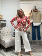 Printed Plush Knit V-Neck Sweater