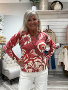 Printed Plush Knit V-Neck Sweater
