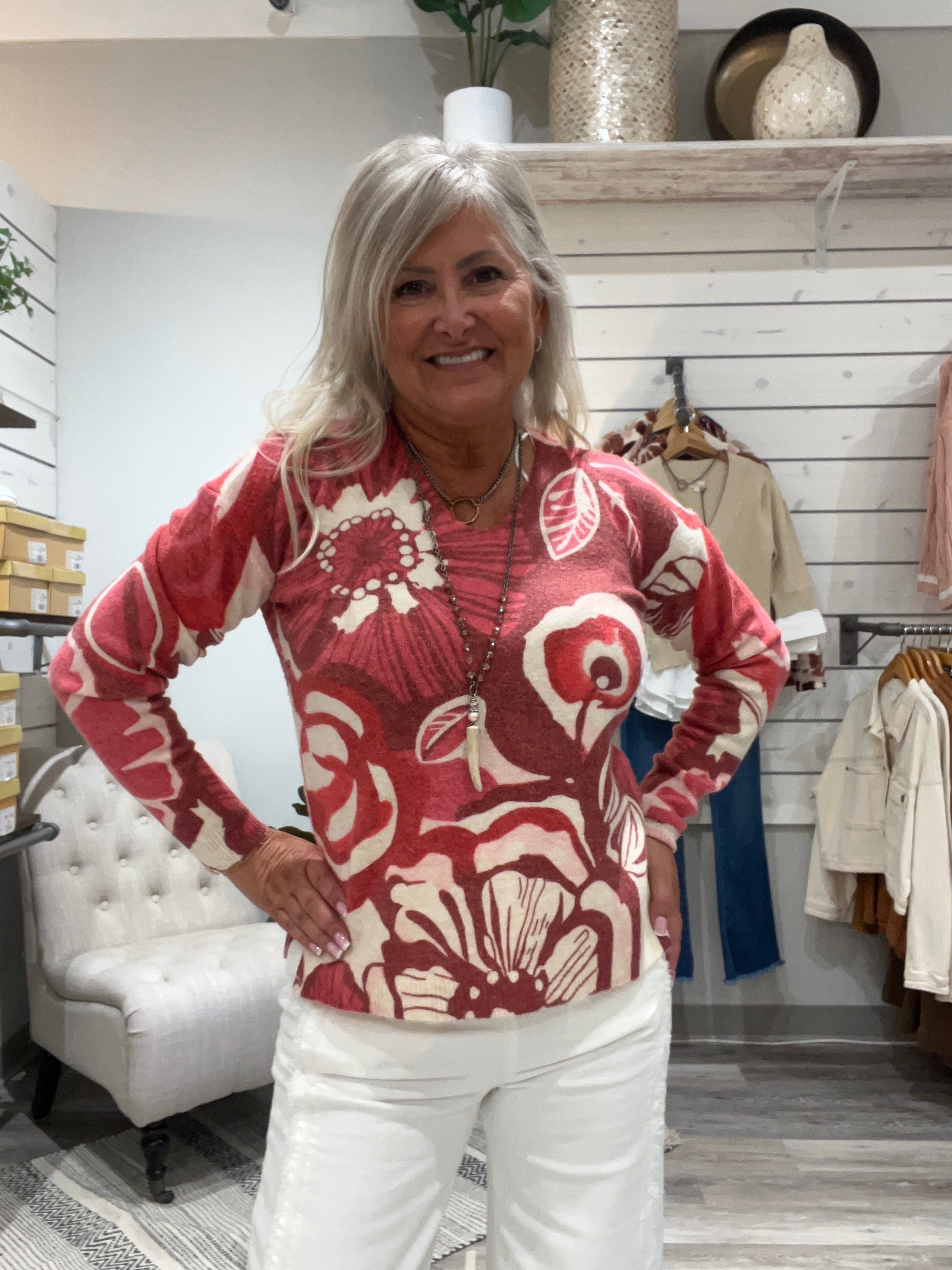 Printed Plush Knit V-Neck Sweater