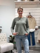 Long Sleeve Waffle Knit Top with 1/4 Button Down- creamy olive