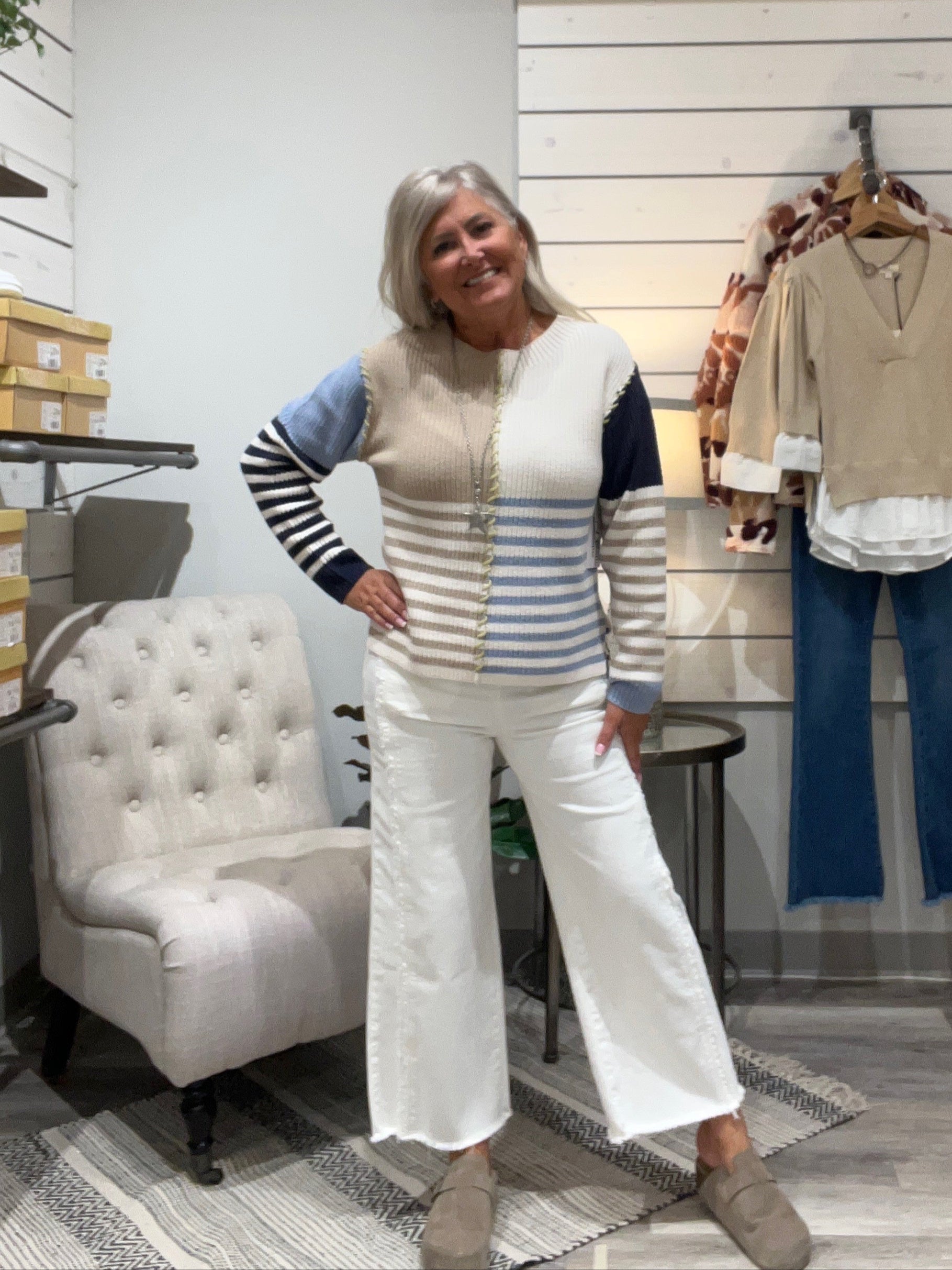 Noah High Waist Crop Wide Fringe Denim- Ecru