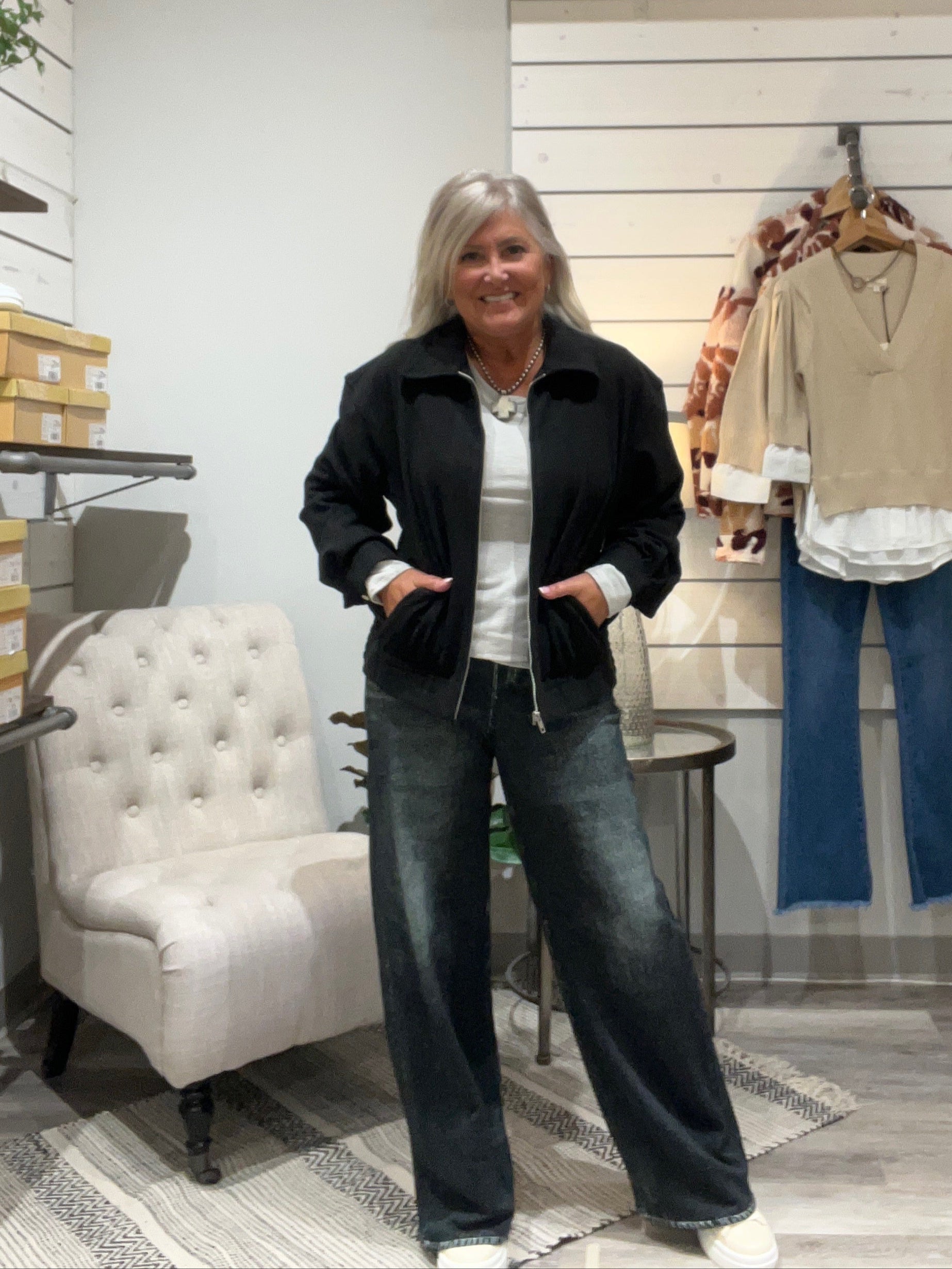 Wide Leg with Elastic Waistband Denim- black