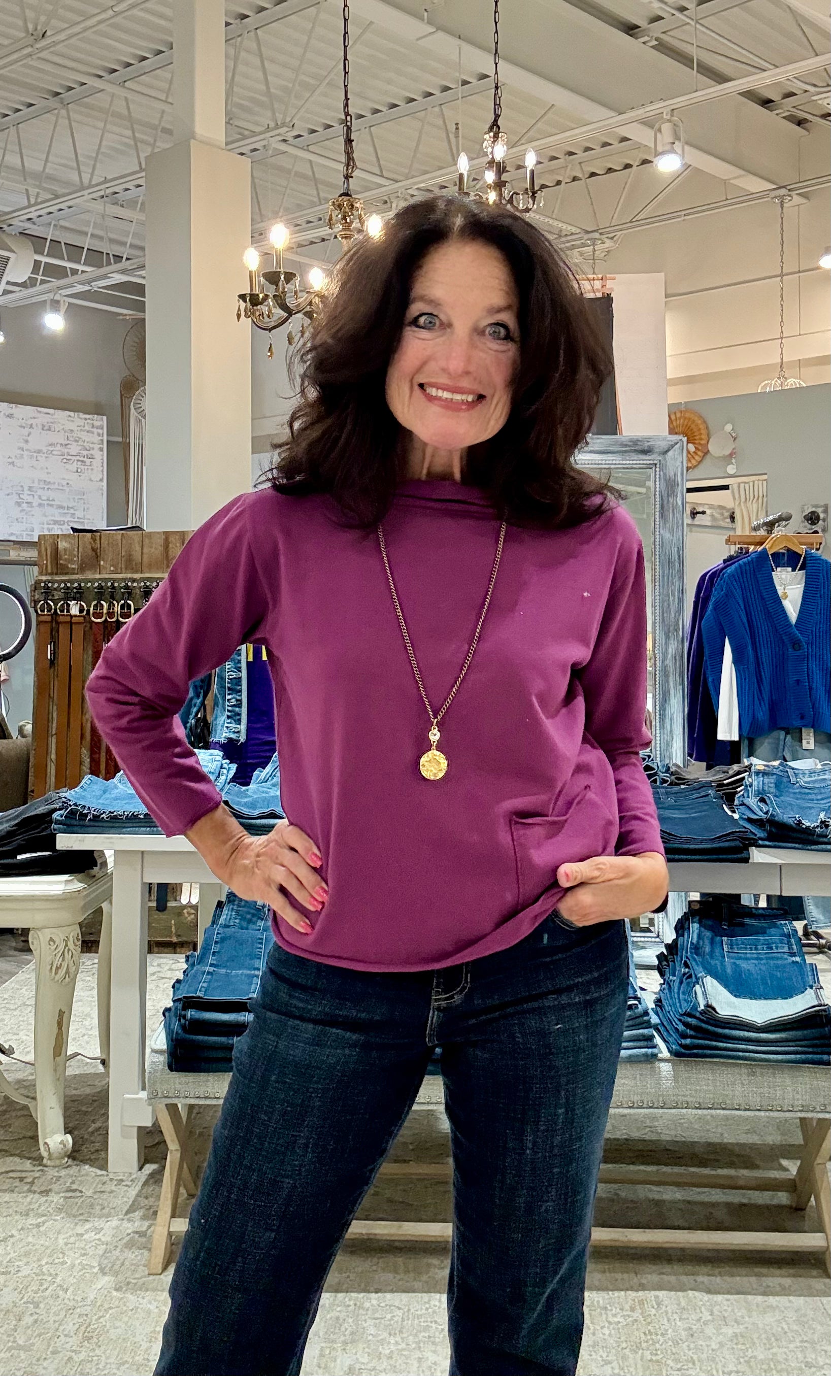 Crew Neck 3/4 Sleeve Top with Front Pocket