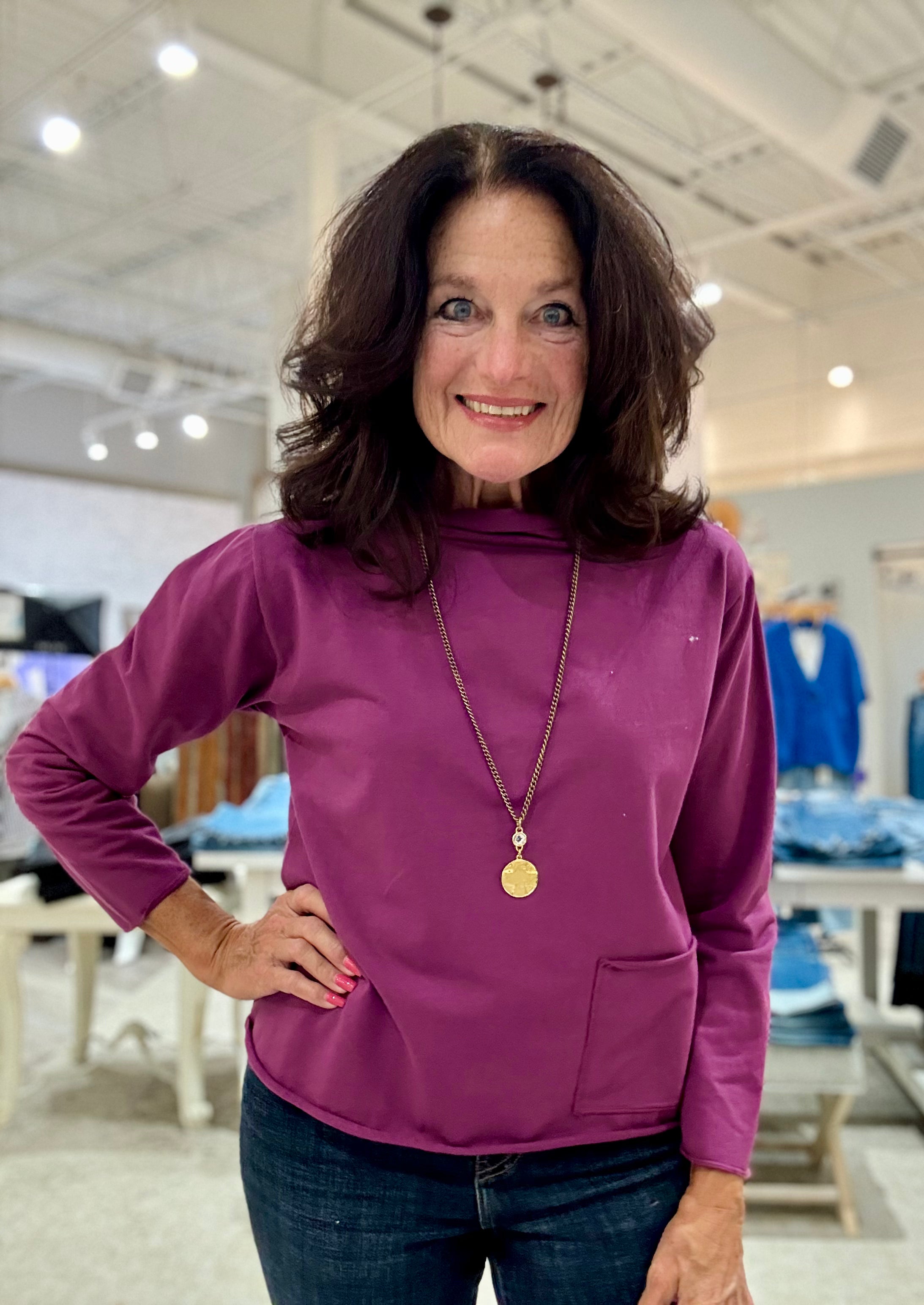 Crew Neck 3/4 Sleeve Top with Front Pocket