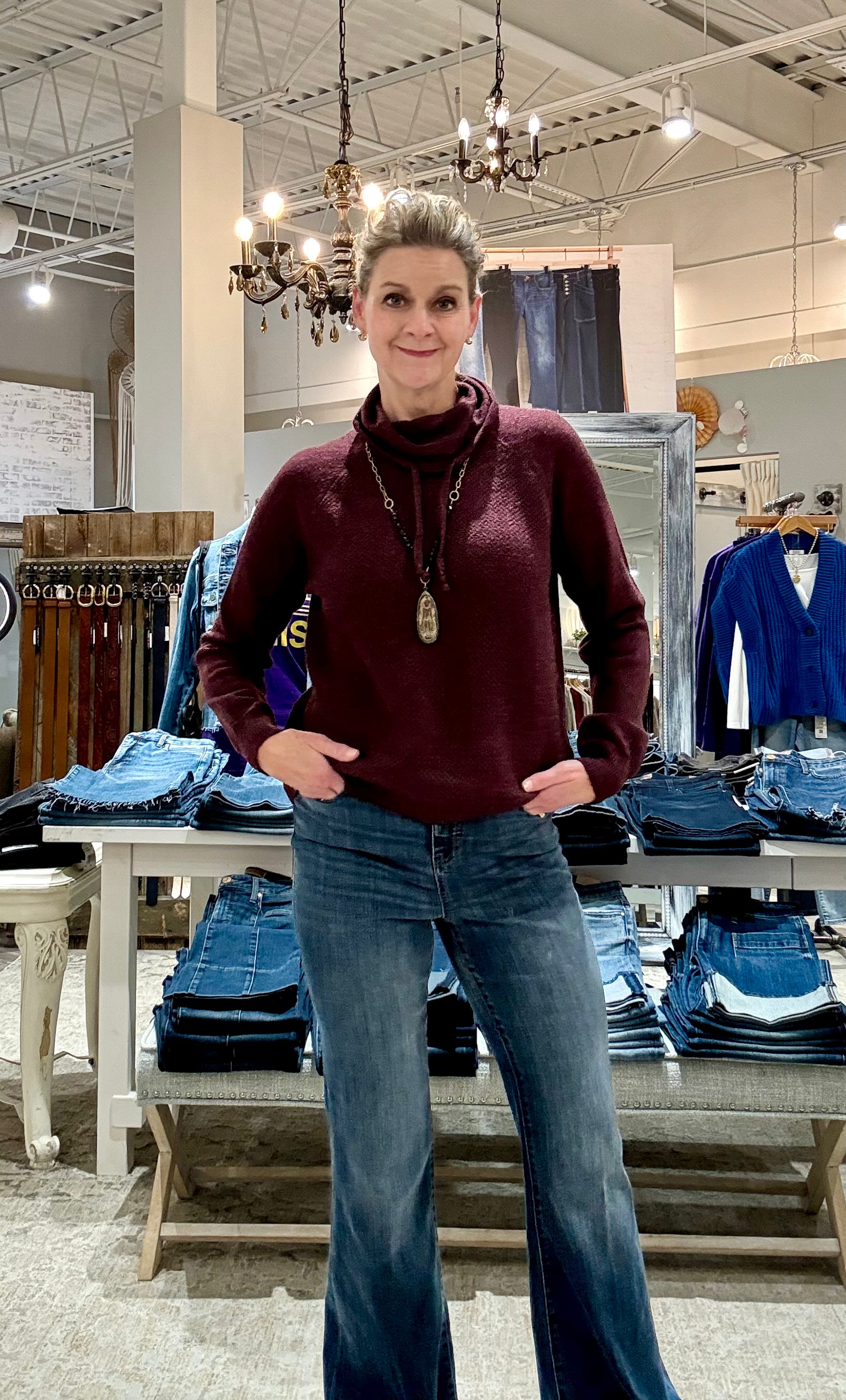 Textured Cowl Neck Knit Sweater