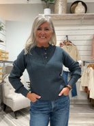 Long Sleeve Waffle Knit Top with 1/4 Button Down- teal