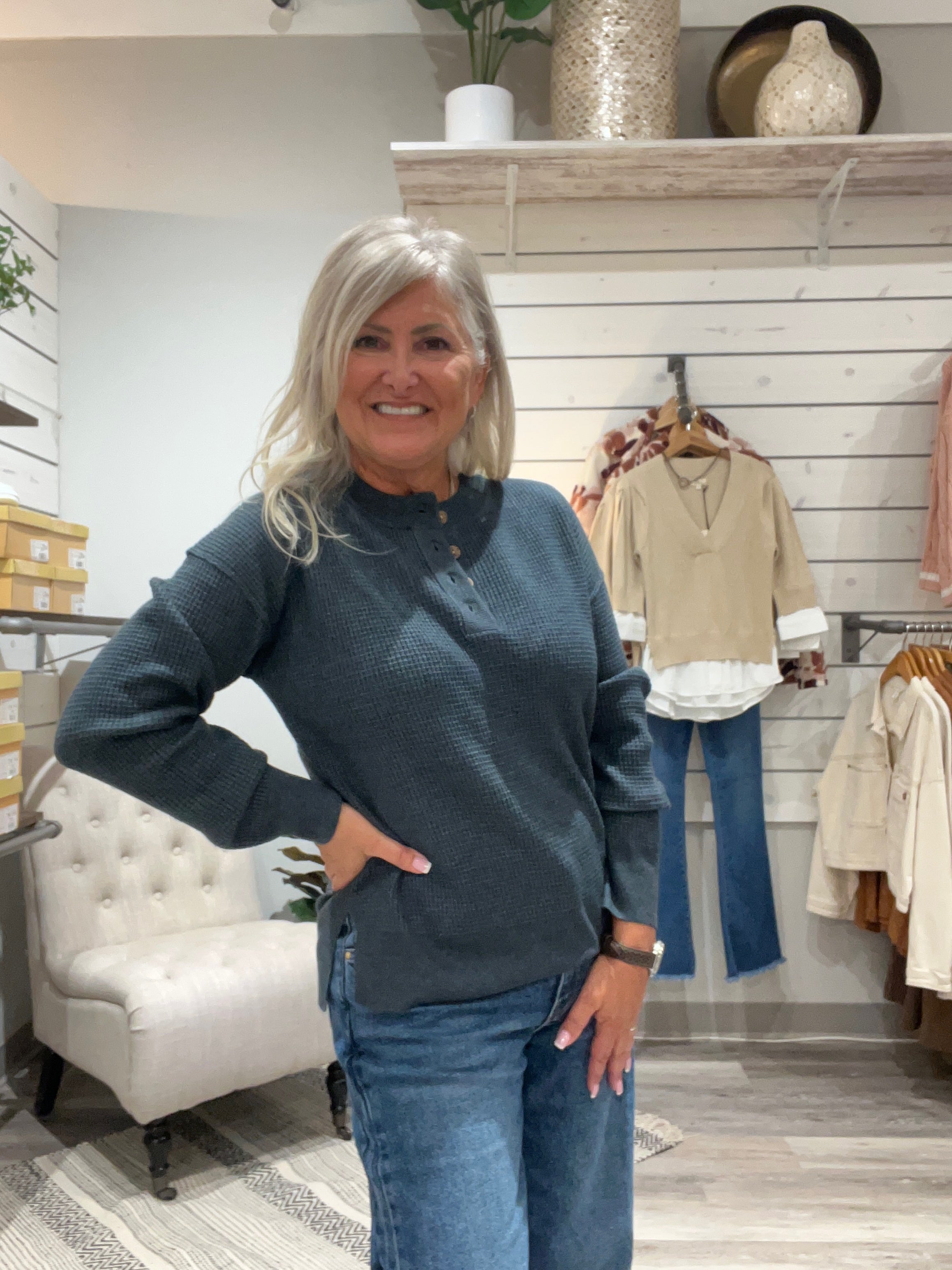 Long Sleeve Waffle Knit Top with 1/4 Button Down- teal