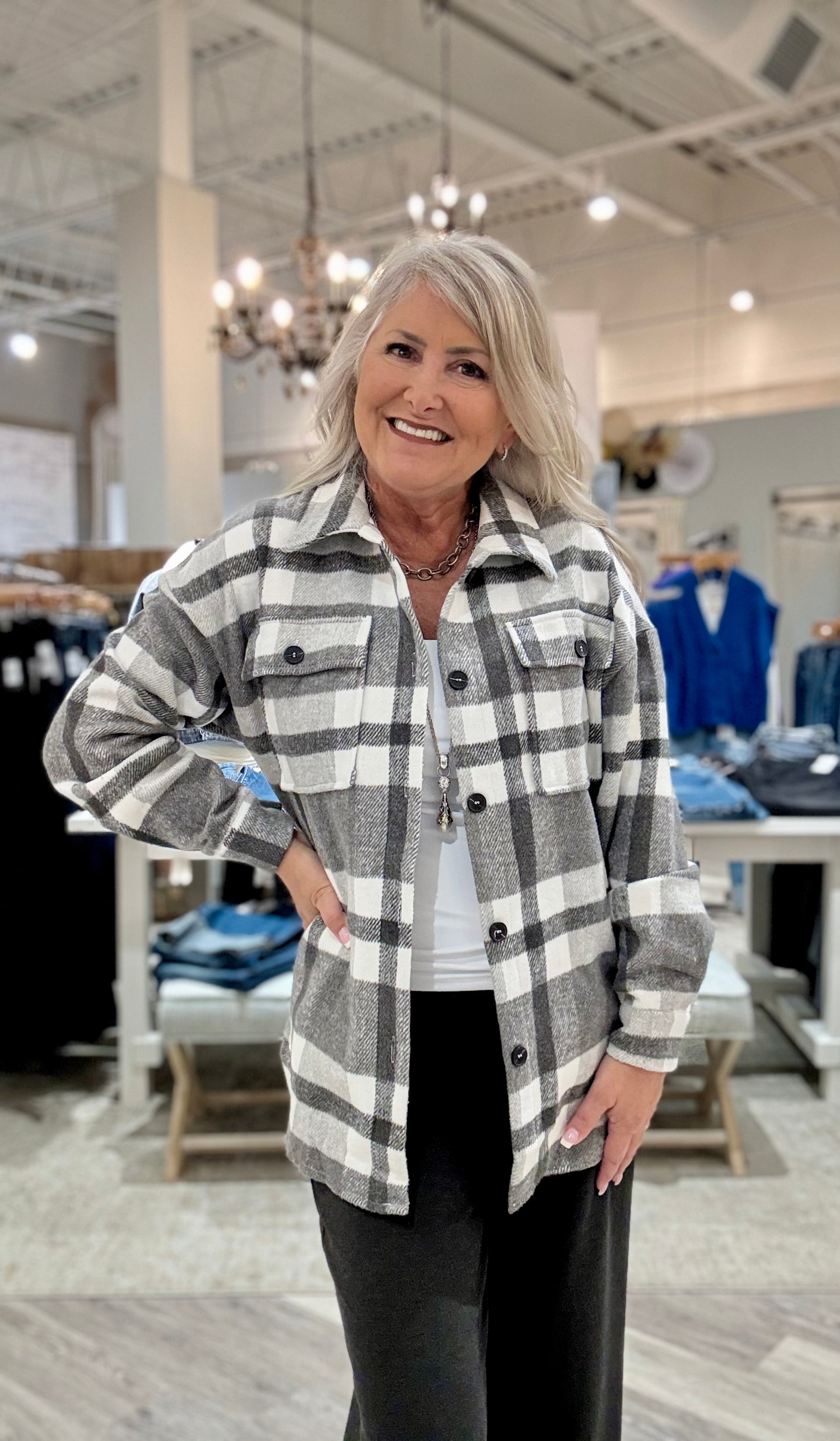 Plaid Button Flannel Shirt Jacket- black/white