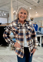 Casual Geometric Plaid Print Pocketed Shacket- blue