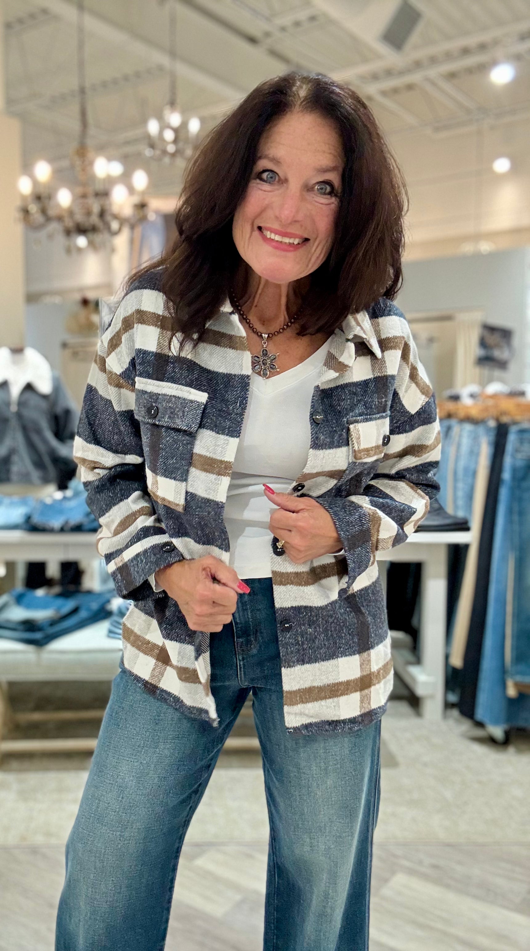 Plaid Button Flannel Shirt Jacket- navy