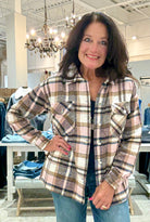 Casual Geometric Plaid Print Pocketed Shacket-pink