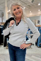 Long Sleeve Polo Sweater with Blanket Stitch- grey