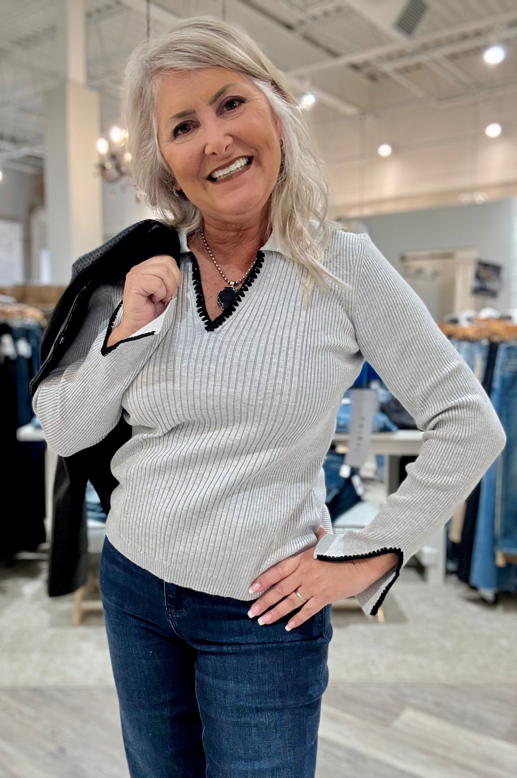 Long Sleeve Polo Sweater with Blanket Stitch- grey