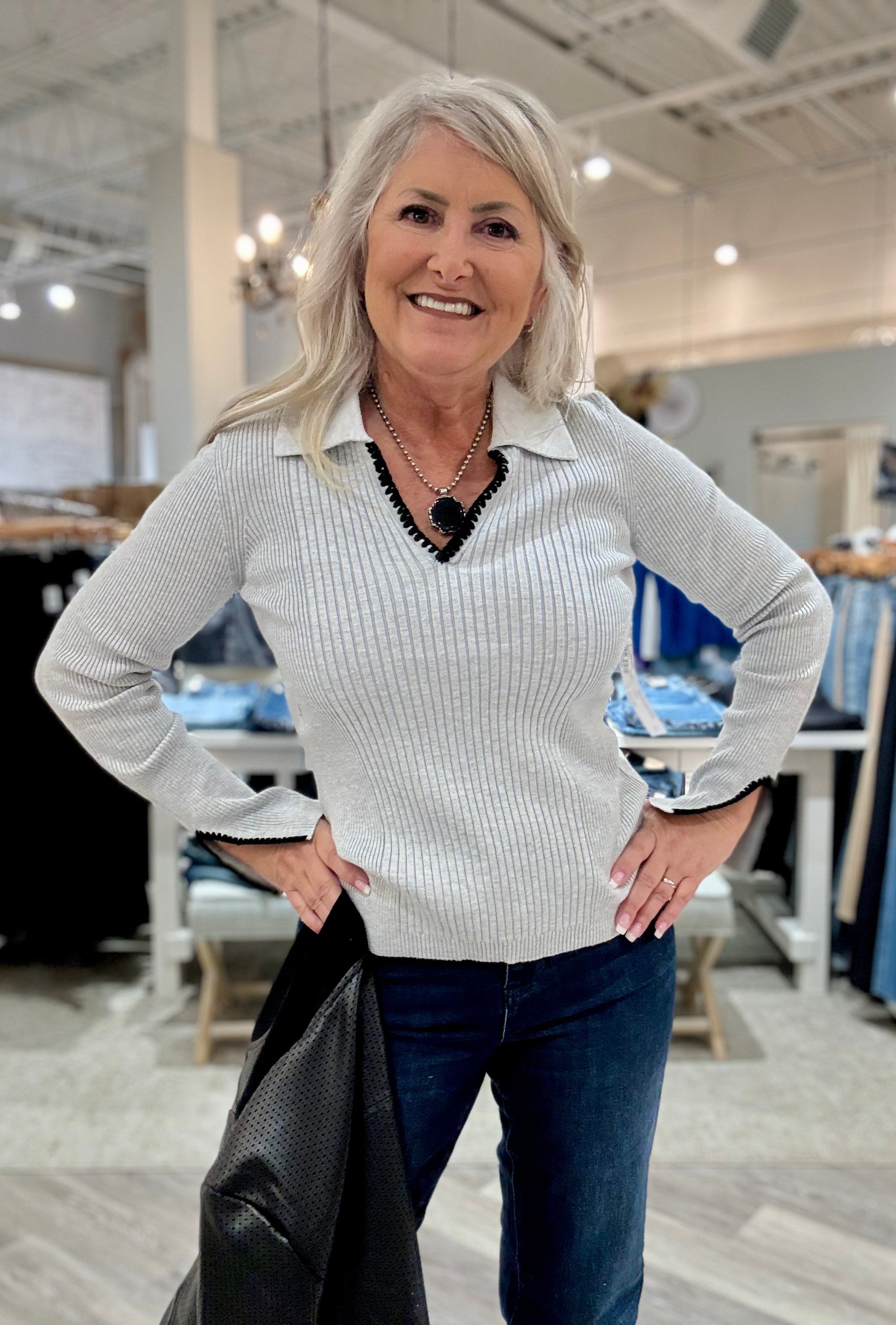 Long Sleeve Polo Sweater with Blanket Stitch- grey