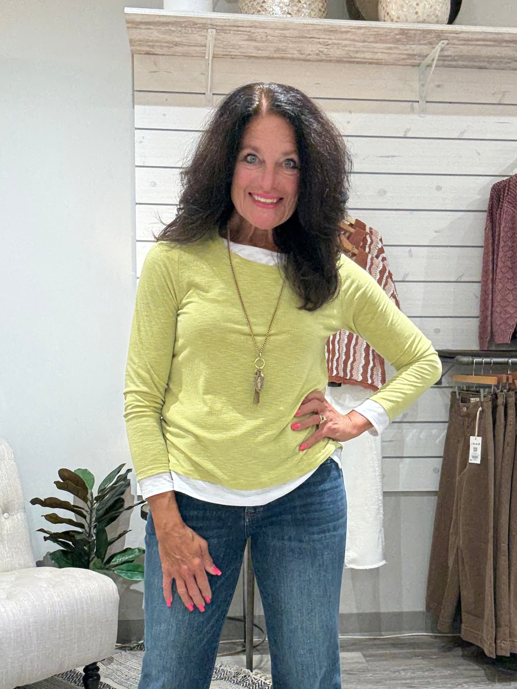Long Sleeve White Contrast Crew Neck Top- lime