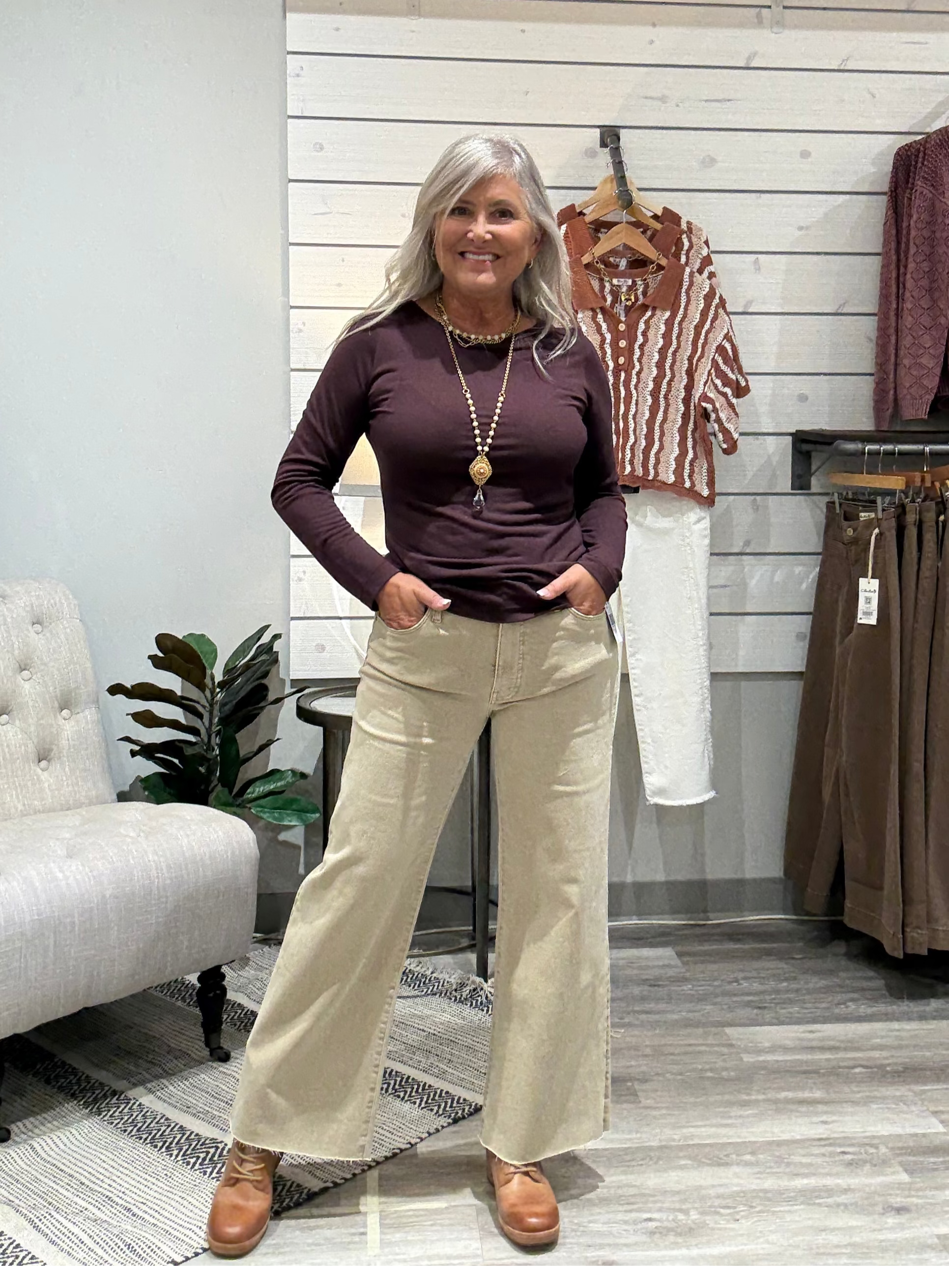 Lightweight Long Sleeve Crew Neck Top- bitter chocolate