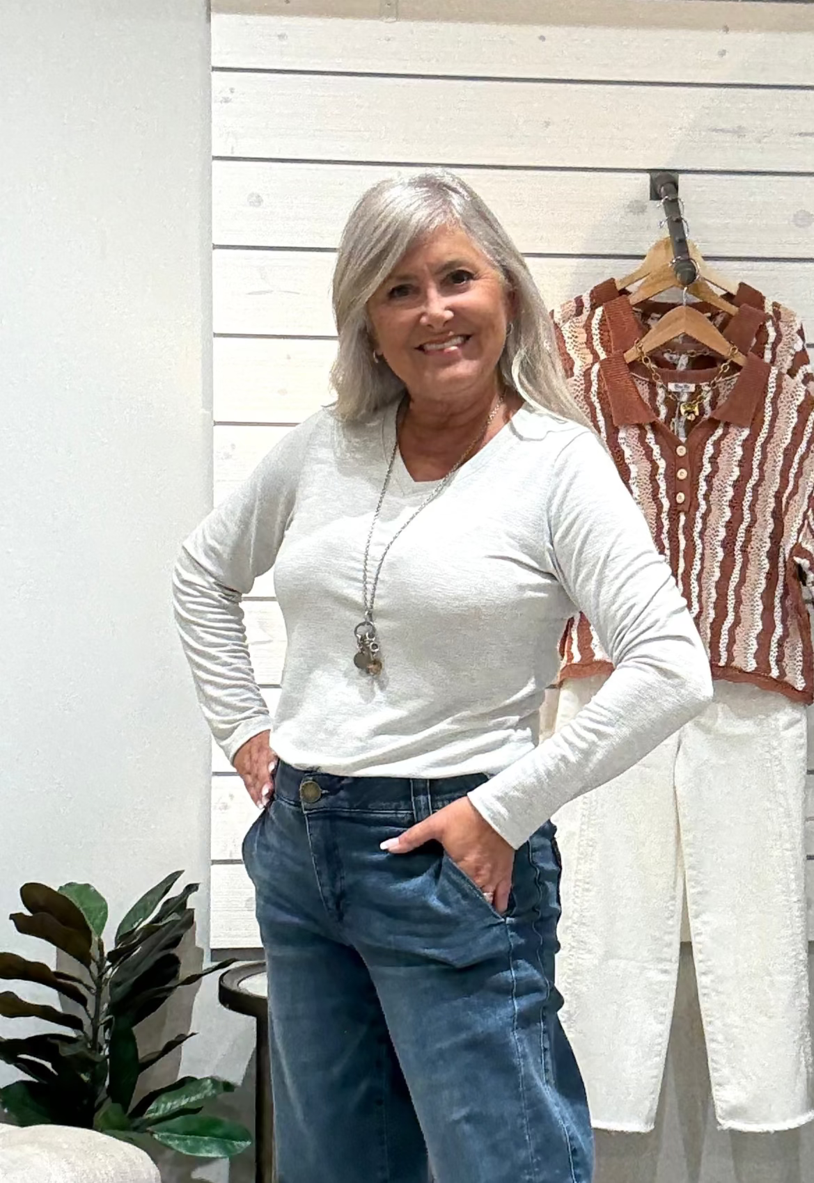 V-Neck Long Sleeve Top- stone