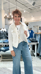 Meg High Rise Wide Leg Denim with Front Pockets and Inset Raw Hem