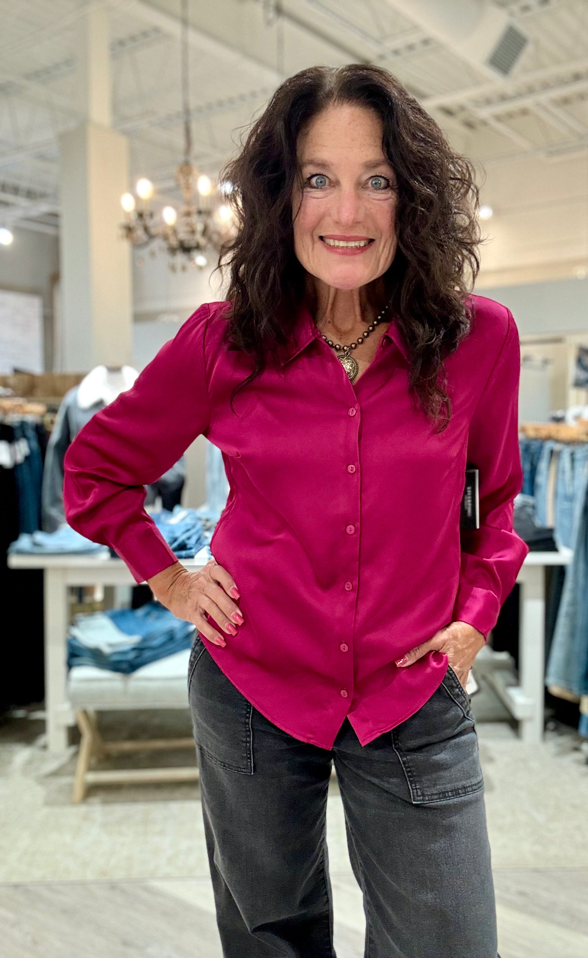 Long Sleeve Button Up Woven Shirt- fuchsia