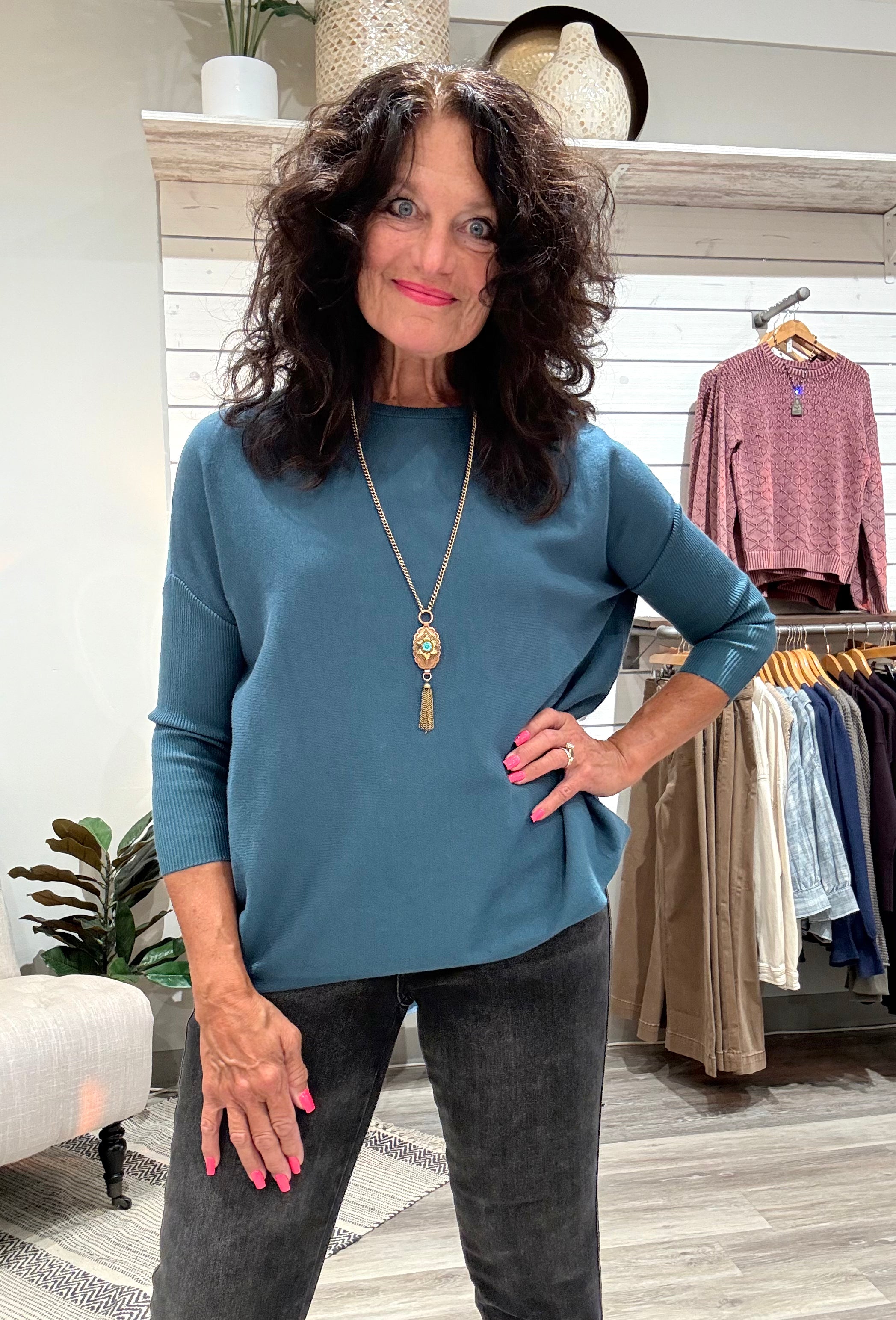 Oversized Crew Neck Pullover Sweater with Rib Sleeves- Atlantic deep