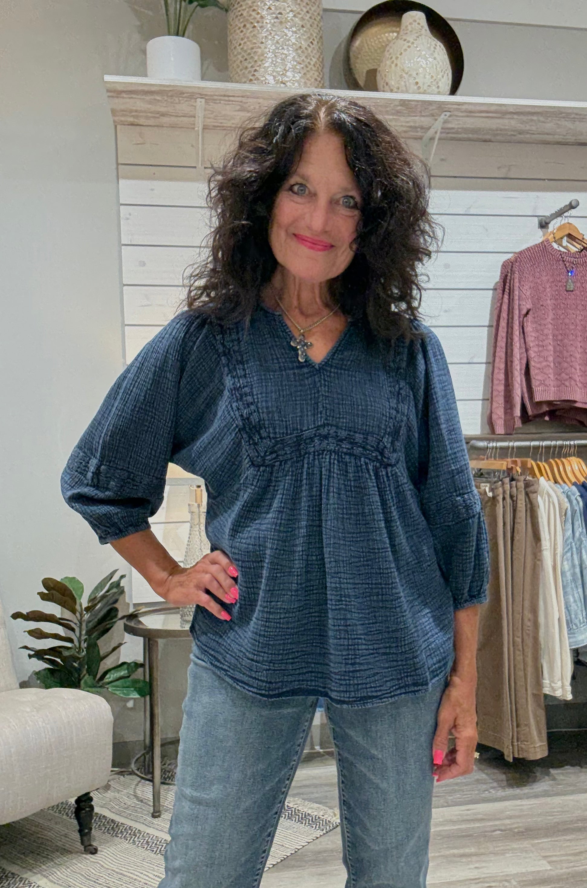 Wide Sleeve Popover Blouse with Embroidery Detail