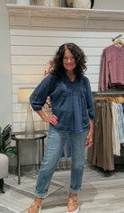 Wide Sleeve Popover Blouse with Embroidery Detail