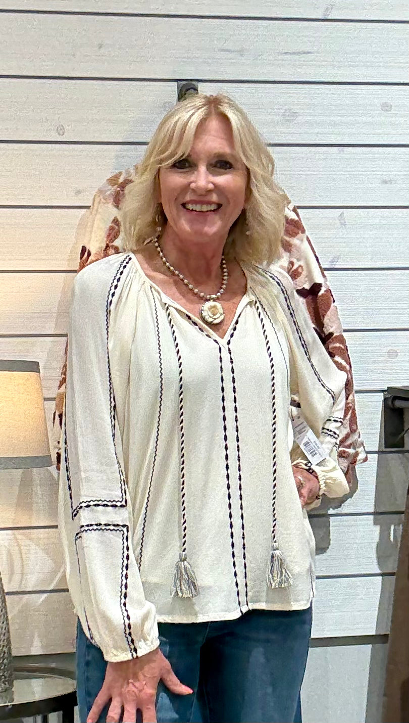 Long Sleeve Woven Raglan Blouse with Embroidery Detail