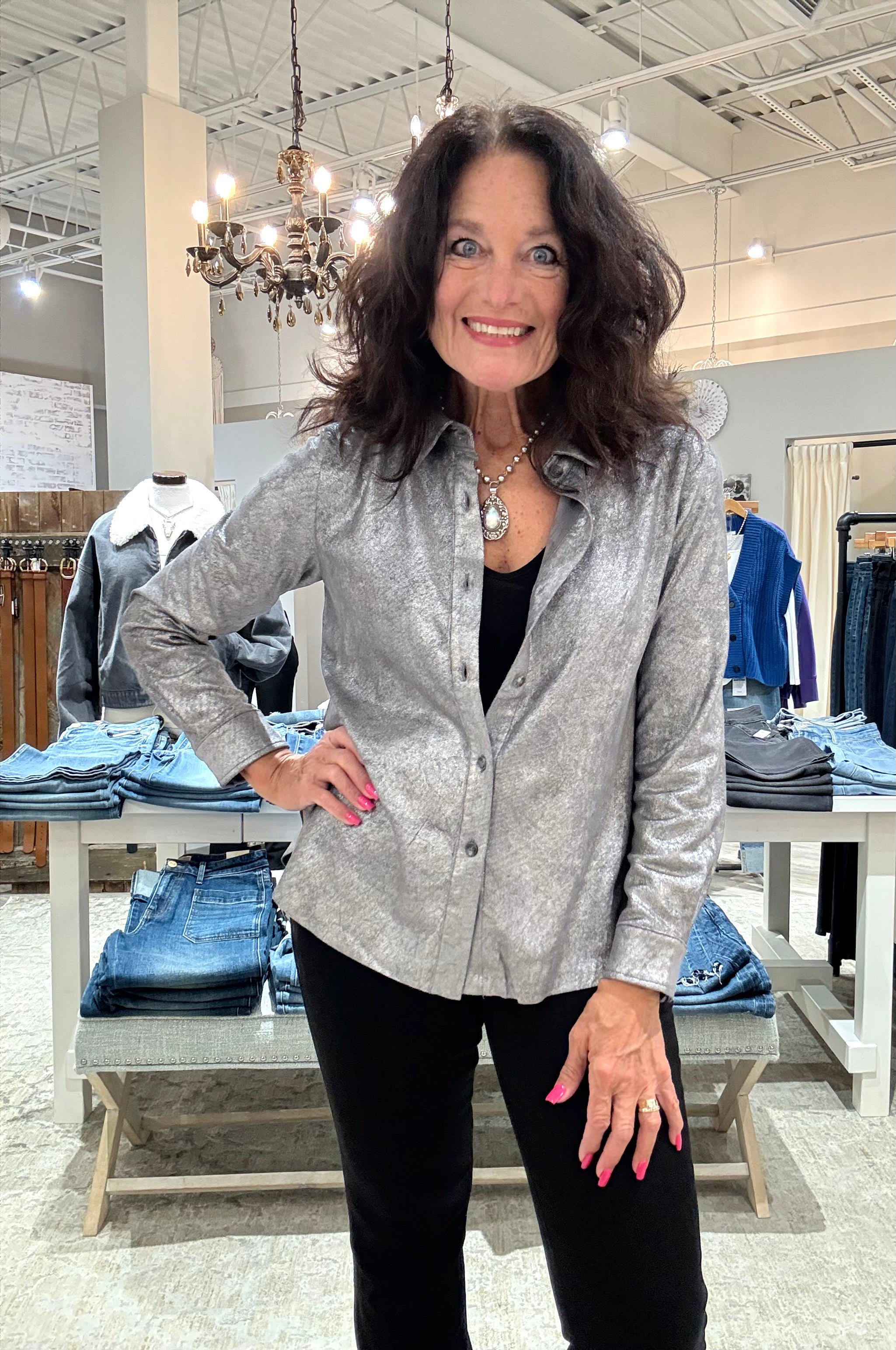 Connie Patent Foil Vegan Suede Shacket