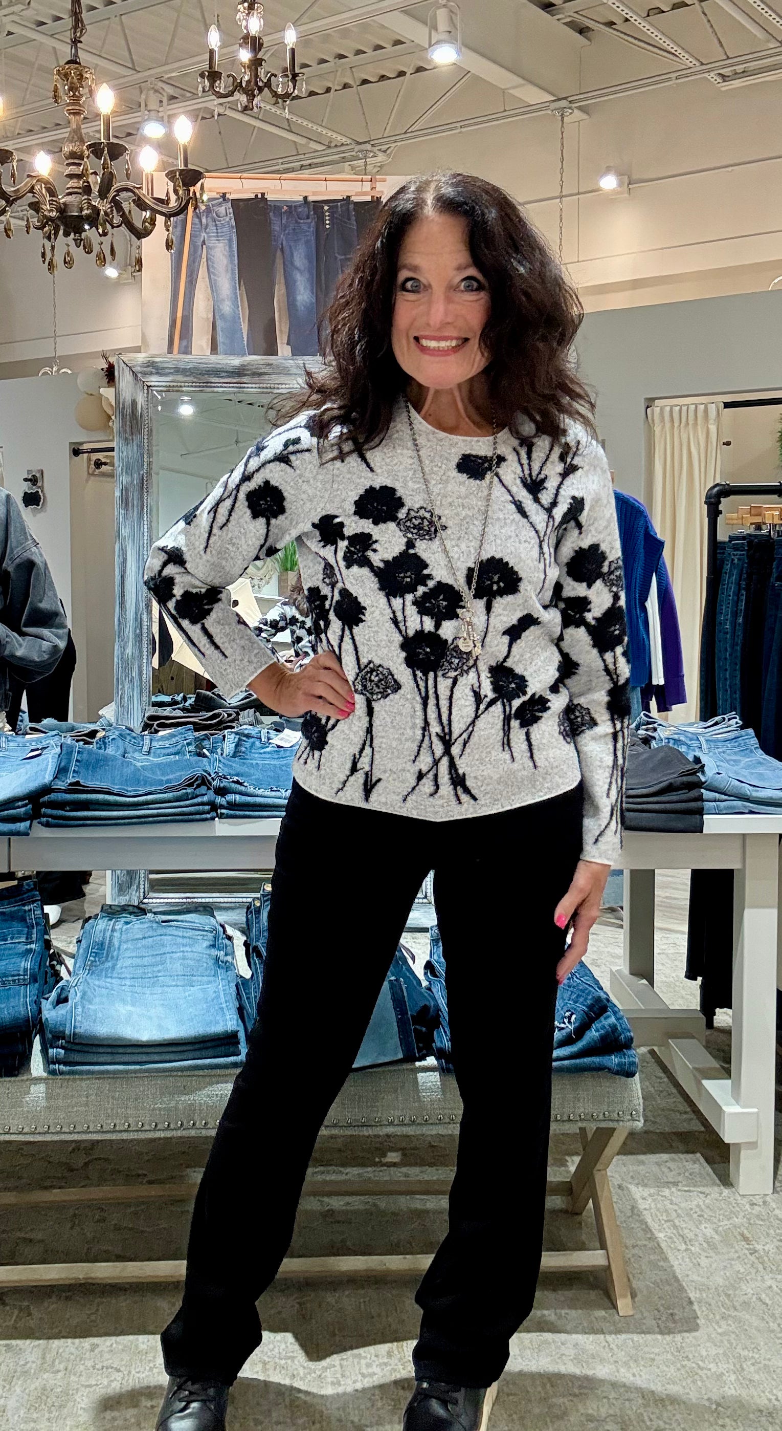 Long Sleeve Crew Neck Floral Print Sweater