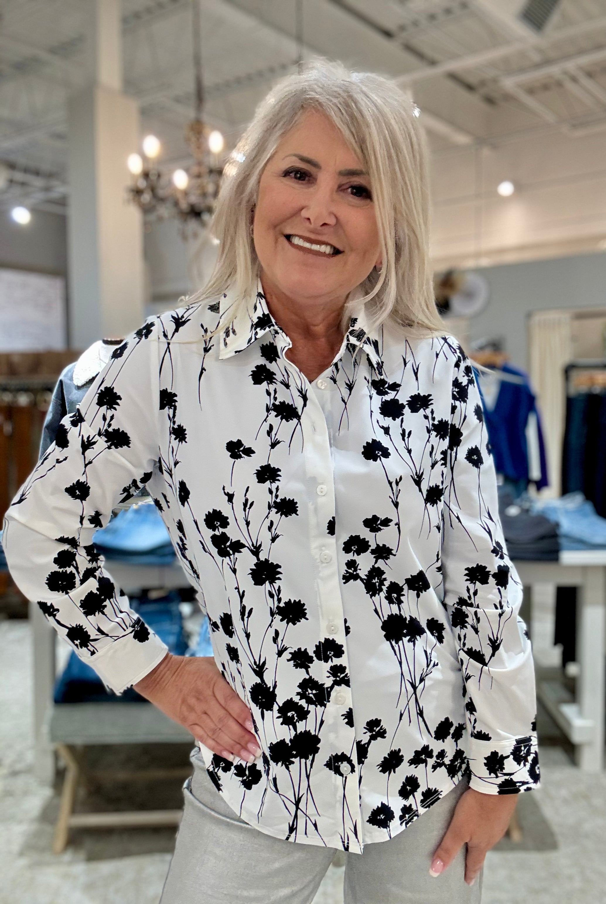 Long Sleeve Button Front Knit Floral Shirt