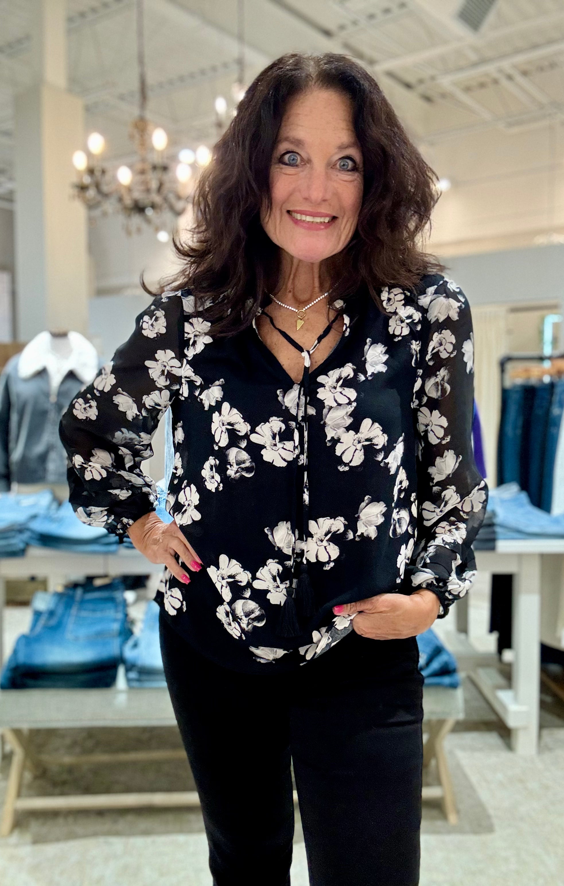 Long Sleeve Popover Shirred Woven Blouse